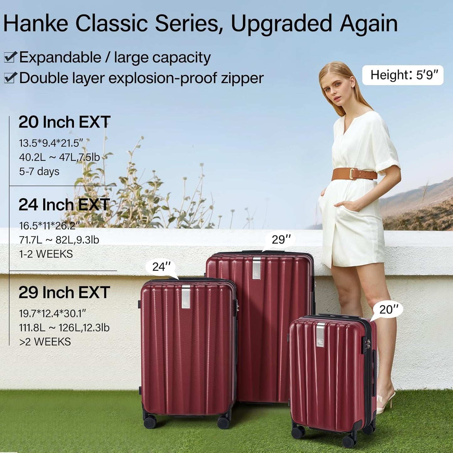 Hanke 20 Inch Expandable Carry on Luggage 22x14x9 Airline Approved Lightweight PC Hard Shell Suitcases with Wheels Tsa Luggage Rolling Suitcase Travel Luggage Bag for Weekender(Burgundy)