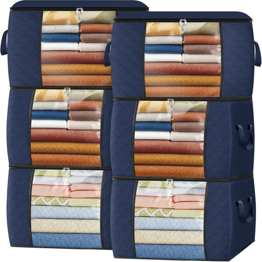 Fab totes 24 Gallons Clothes Storage, Foldable Thick Fabric Blanket Storage Bags, Containers for Organizing Bedroom, Closet, Clothing, Comforter, Organization with Handle (6 Pack,Blue)