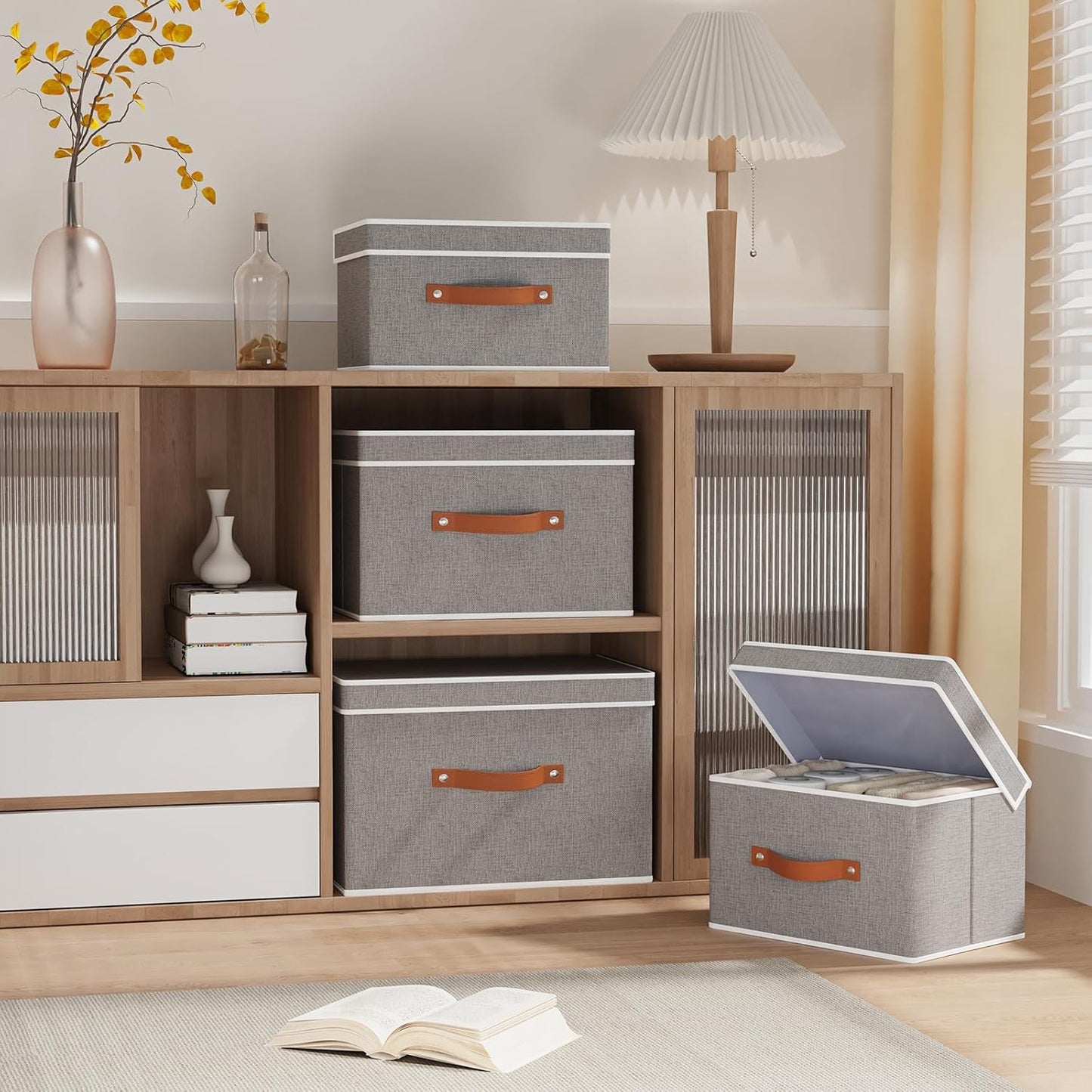 Fabric Storage Bins with Lids, Linen Foldable Clothes Boxes, Closet Organizer Containers with Double Handles, Baskets for Bedroom, Grey, 1 Pack, 13 x 9.1 x 7.9 Inch