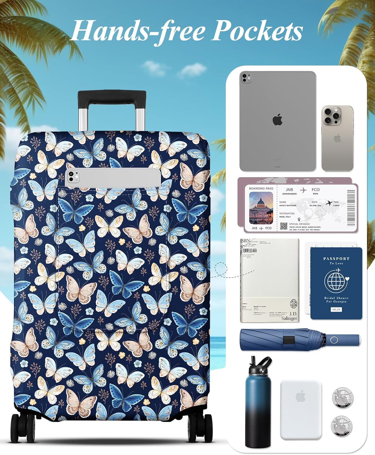 Slohif Luggage Cover for Suitcase Tsa Approved Protector - Luggage Sleeve Large Suit Case Cover Travel Stretch Baggage Case Protective Washable Fit 26-28 Inch Blue Butterfly M