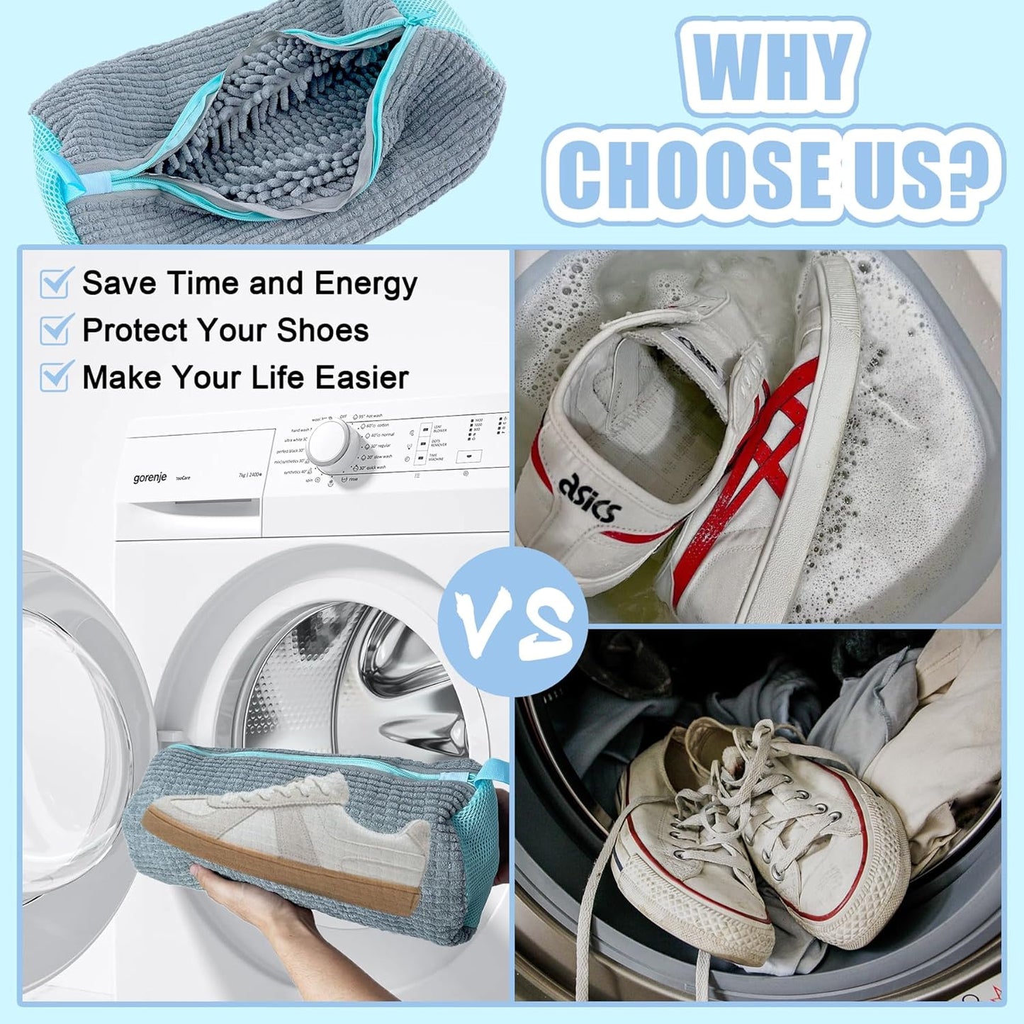 XXL Shoe Washing Machine Bag - 2-Pack Reusable Shoe Cleaning Bags, 360° Deep Clean for Tennis Shoes, Sneakers and Slippers, Includes 2 Shoe Storage Dust Bags (Gray)