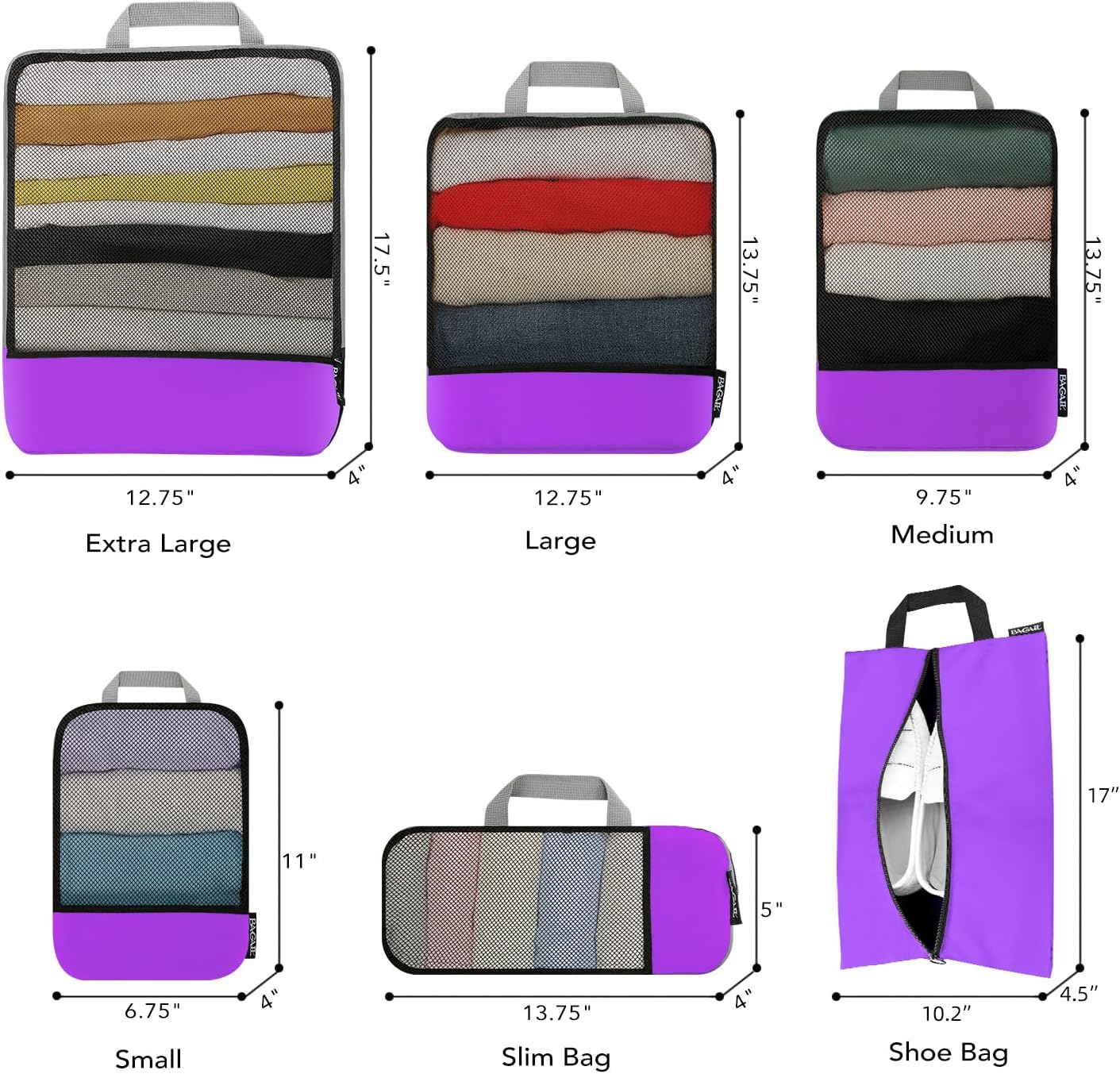 BAGAIL 4 Set/6 Set/8 Set Compression Packing Cubes Travel Accessories Expandable Packing Organizers(Purple HalfMesh 6 Set)