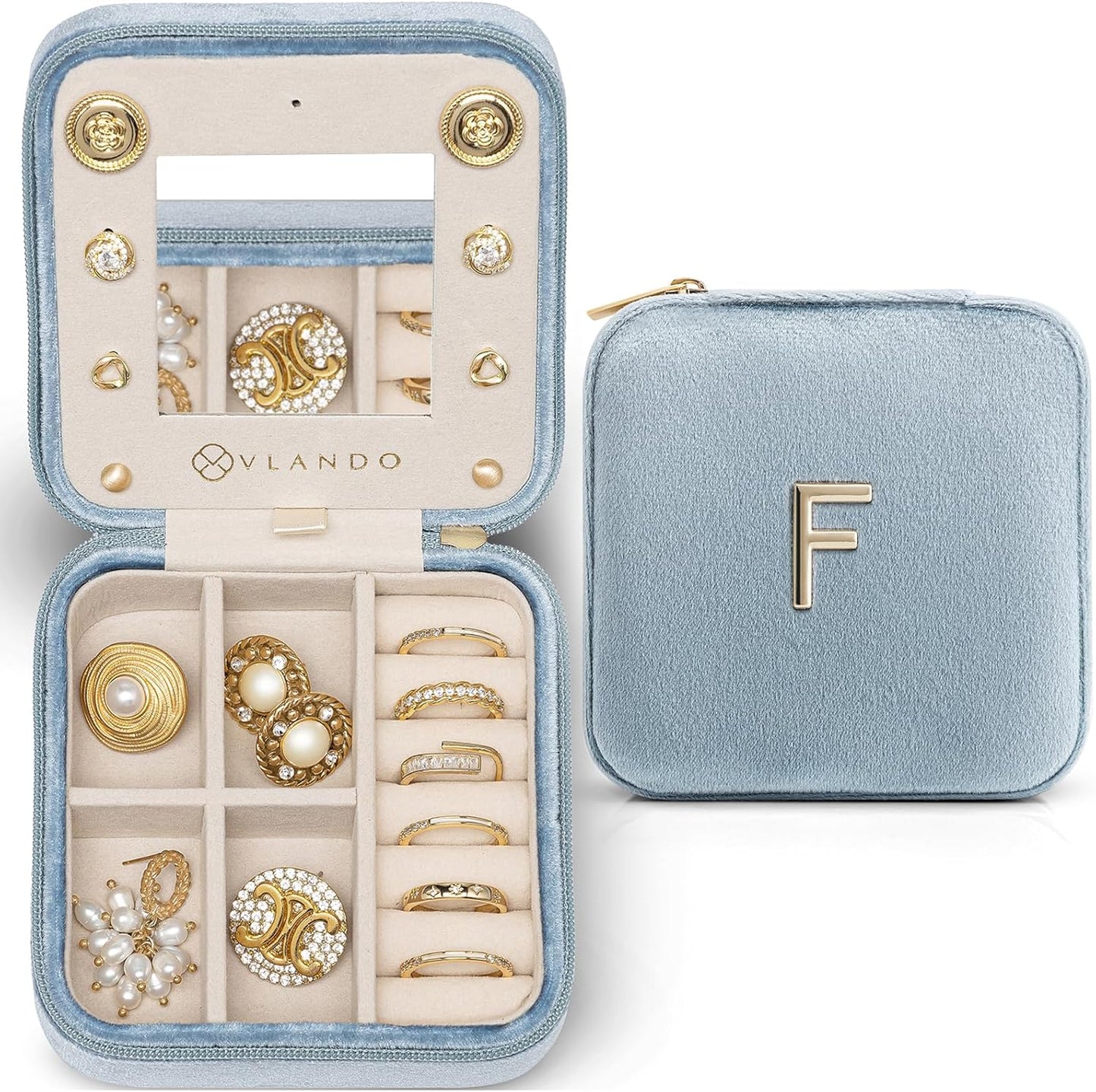 Vlando Jewelry Box for Aunt Gifts from Niece Nephew, Birthday Gifts for Aunt Auntie, Unique Gifts for Aunt Auntie Travel Jewelry Case, Auntie Gifts for Wedding Anniversary - Letter F, Blue