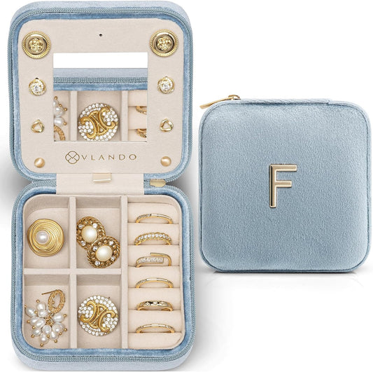 Vlando Jewelry Box for Aunt Gifts from Niece Nephew, Birthday Gifts for Aunt Auntie, Unique Gifts for Aunt Auntie Travel Jewelry Case, Auntie Gifts for Wedding Anniversary - Letter F, Blue