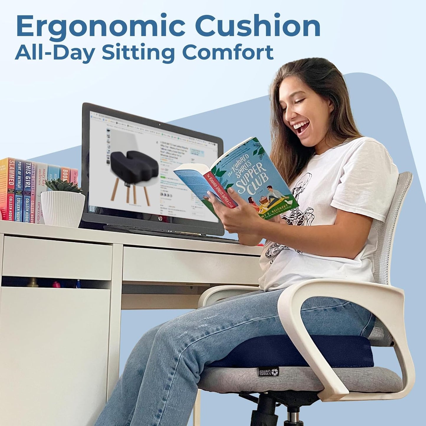 5 STARS UNITED Seat Cushion for Tailbone Pain Relief – Large Memory Foam Cushion for Coccyx, Hip, Sciatica & Post-Surgery Recovery – Wheelchair, Car, Desk, Gaming & Office Chairs, Blue