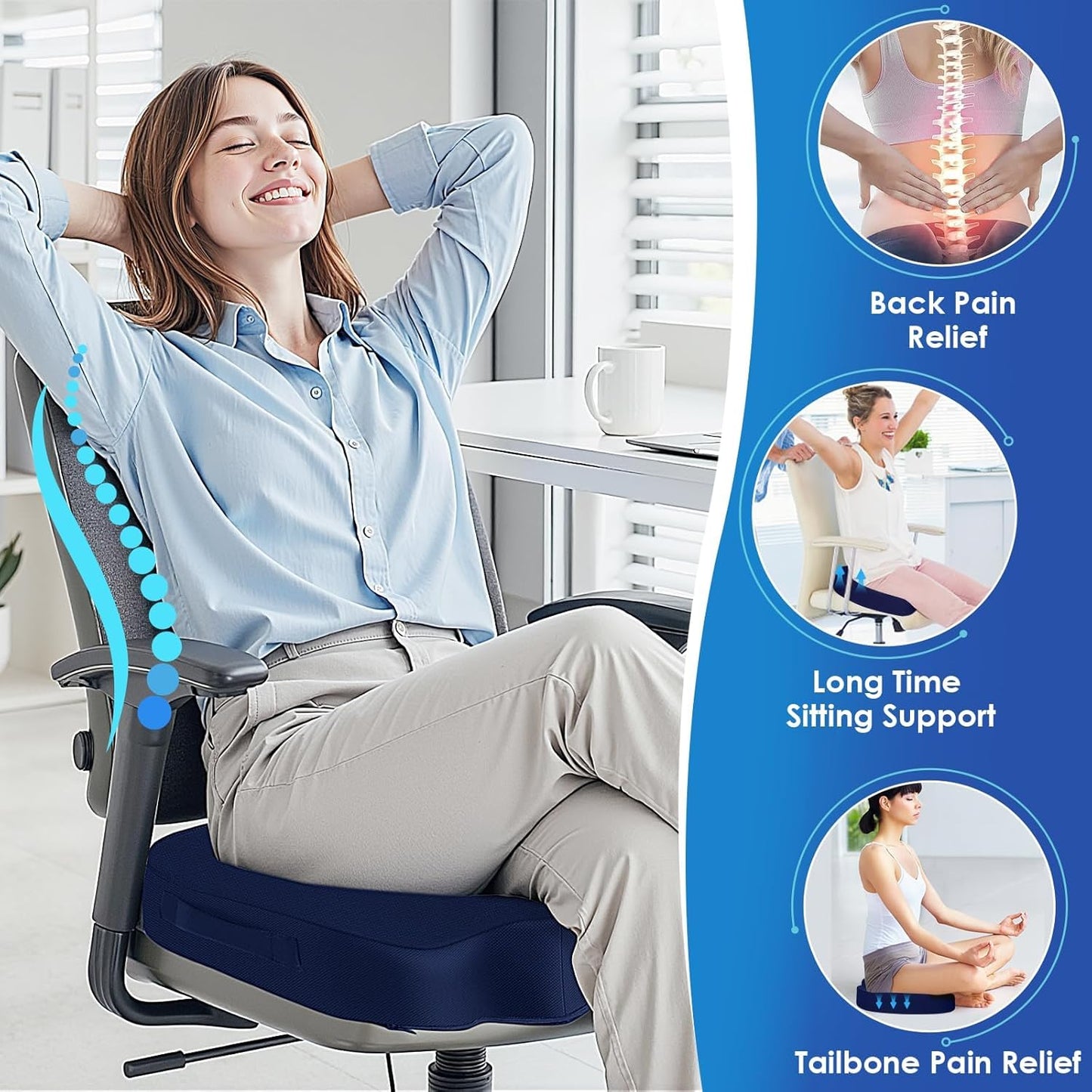 TushGuard Seat Cushion for Office Chair Memory Foam Non-Slip Cushion Back, Coccyx, Sciatica, Tailbone Pain Relief Butt Pillow for Office Chair, Car, Wheelchair, Blue, XX-Large
