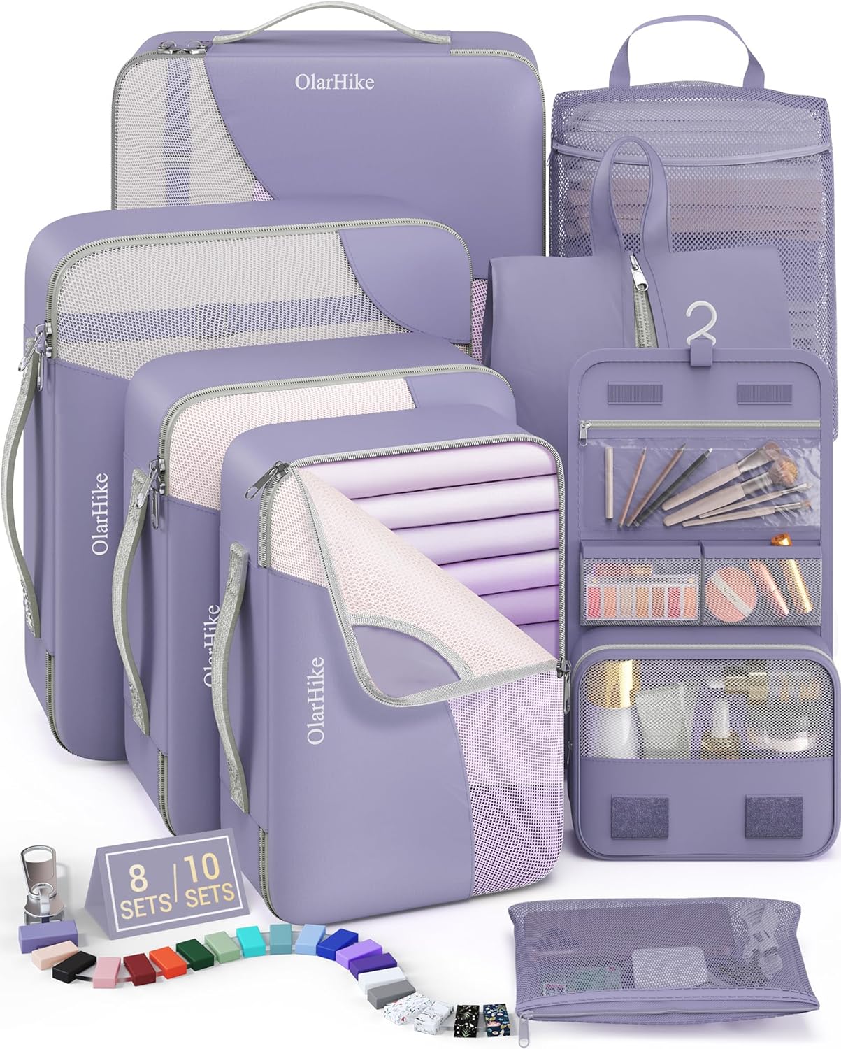 8 Set Packing Cubes for Travel, Gifts for Women Mom,Anti-Tearing Suitcase Organizer for Luggage with Shoe & Hanging Toiletry Bag,OlarHike Vacation Essentials & Accessories for Cruise Ship, Purple Gray