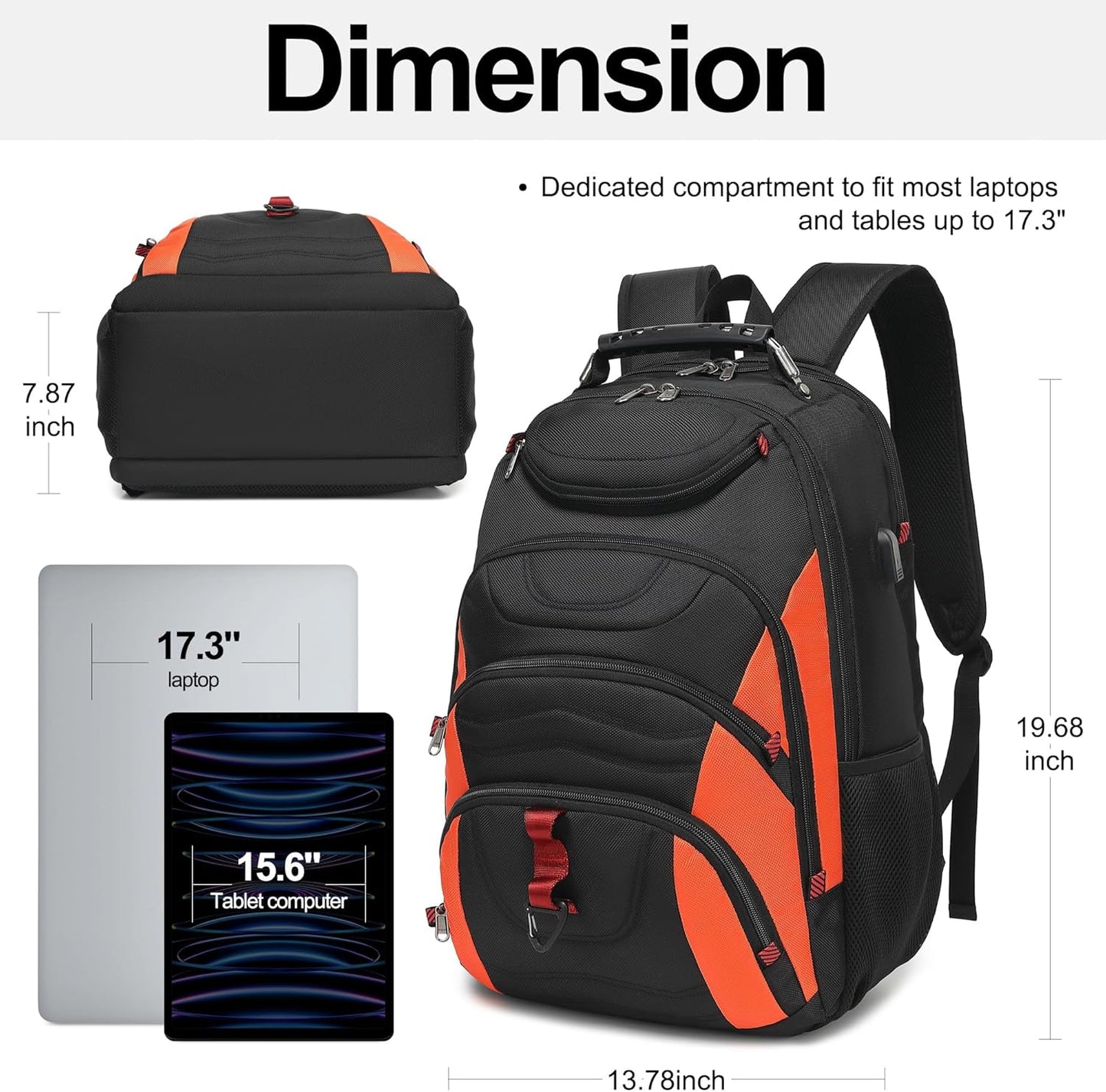 Boavan Laptop Backpack for men, 17.3 inch Laptop Bag with USB Port, Waterproof Travel Work Backpack Purse, Anti-Theft Teacher Nurse Doctor Casual Bookbags Office Business backpack，Black&Orange