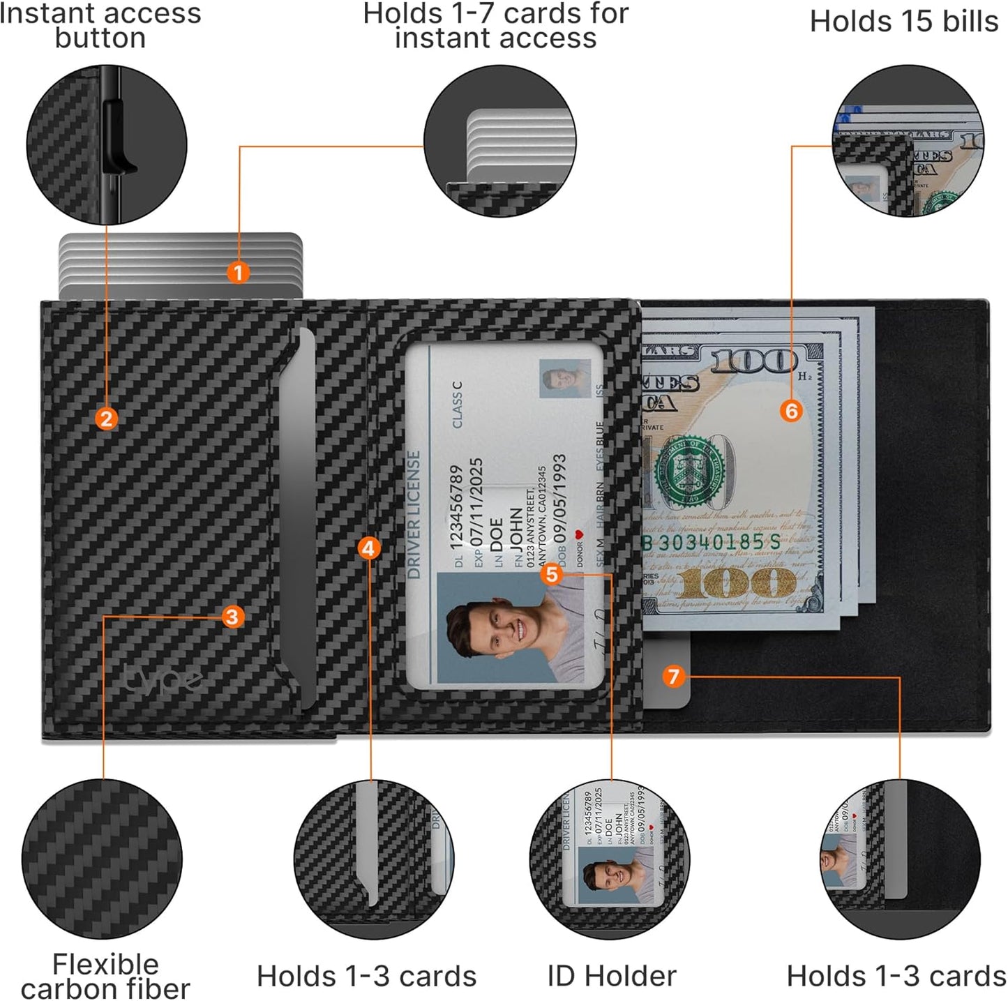 Mens Smart Wallet Card Holder for AirTag: Leather, Compatible with Apple Air Tag, RFID Blocking, Slim, Carbon Fiber, Minimalist - 9-14 Card Capacity | ID Window | Cash Slot (Black)