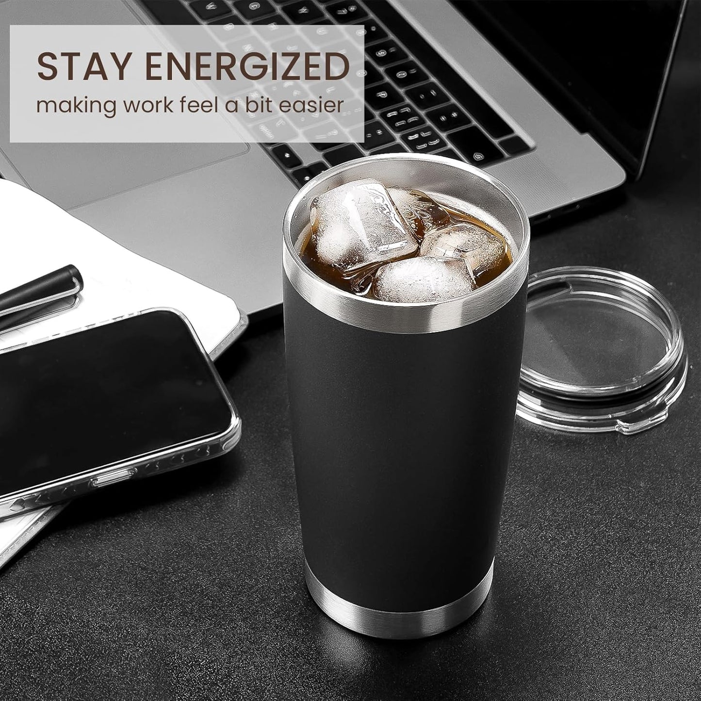 MEWAY 20oz Tumbler 8 Pack Double Wall Vacuum Insulated Travel Mug Bulk, Stainless Steel Tumblers with Lid and Straw, Durable Powder Coated Coffee Cups for Cold & Hot Drinks (Black, 8)