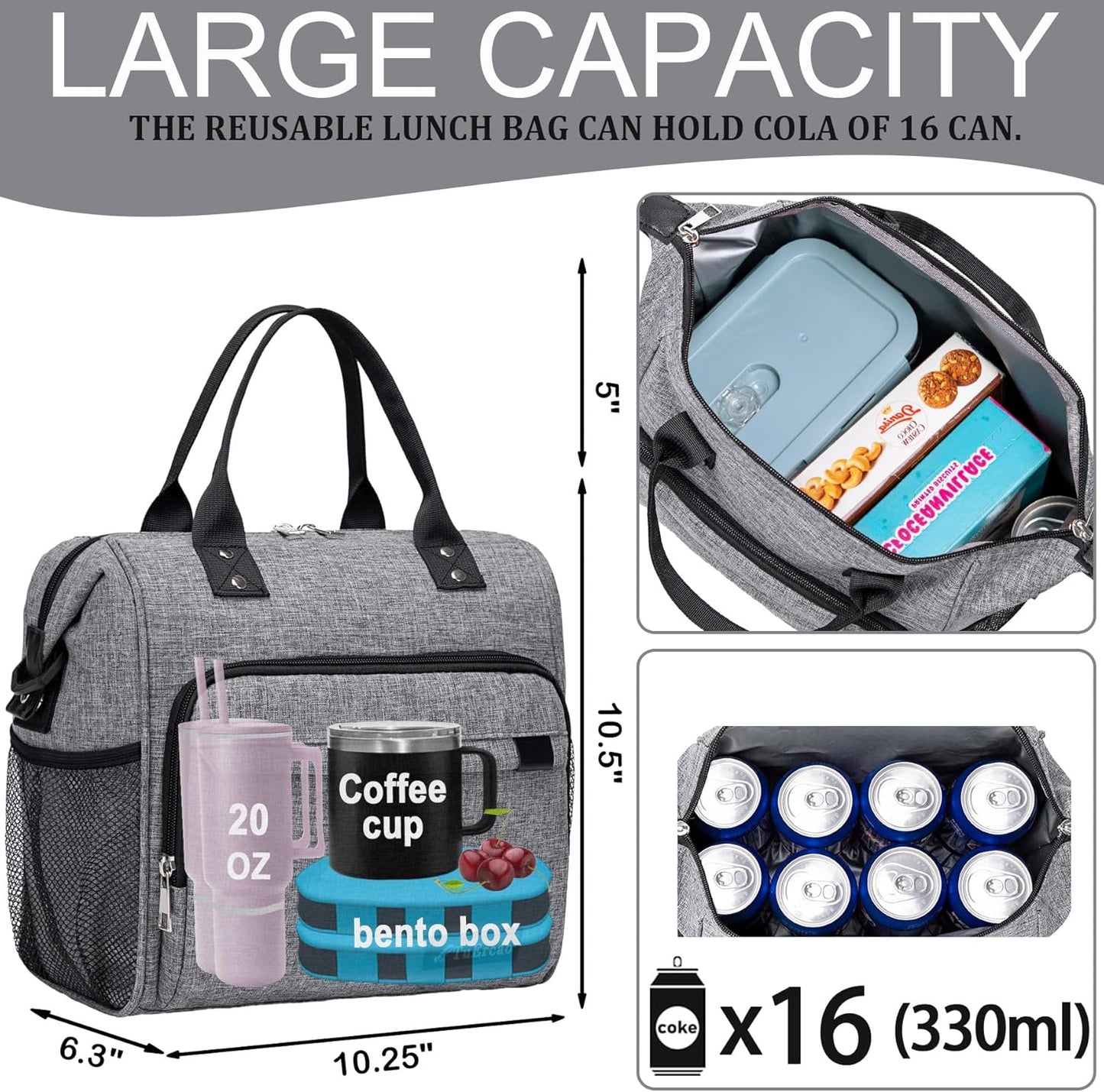 TuErCao Insulated Lunch Bag Soft Cooler Bag for Beach Travel Picnic, Adult Lunch Box for Women for Work, Dark Grey