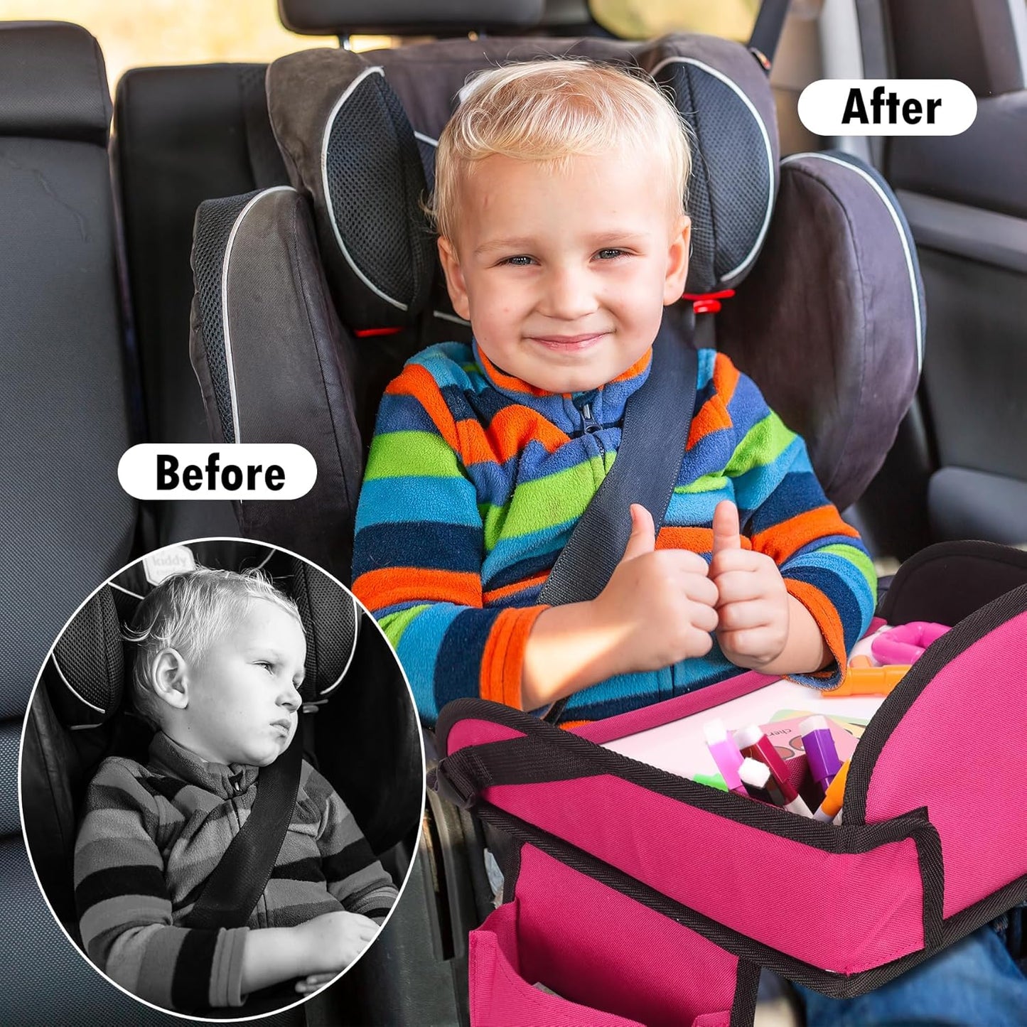 Kids Travel Tray, Travel Tray For Kids Car Seat, Toddler Road Trip Essentials With Drawing Kit, Carseat Tray For Kids Travel, Travel Activities Road Trip Must Haves For Kids (Pink)