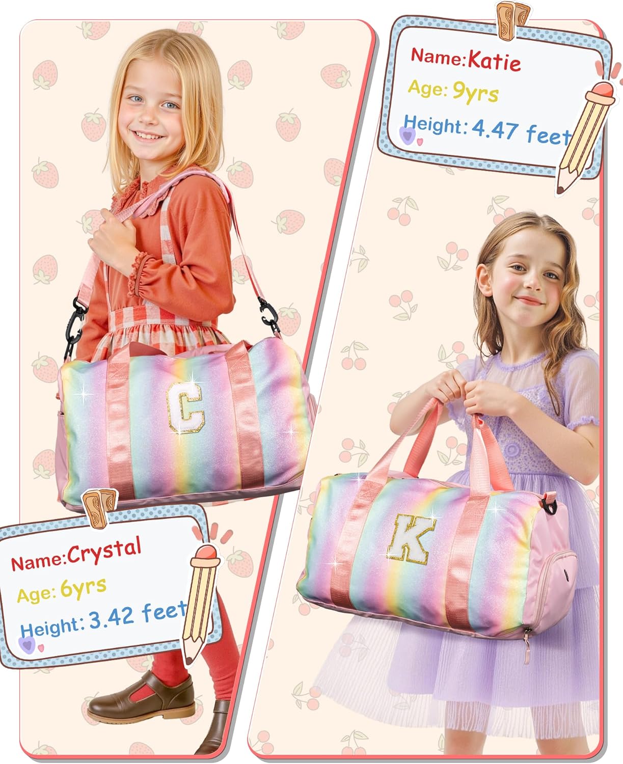 Girls Cheer Up Gifts-Girl Gym Bag with Shoe Compartment, Kid Personalized Weekender Dance Bags, Initial Travel Tote with Makeup Pouch, Graduation Gift for Niece Kids Daughter (Letter K)