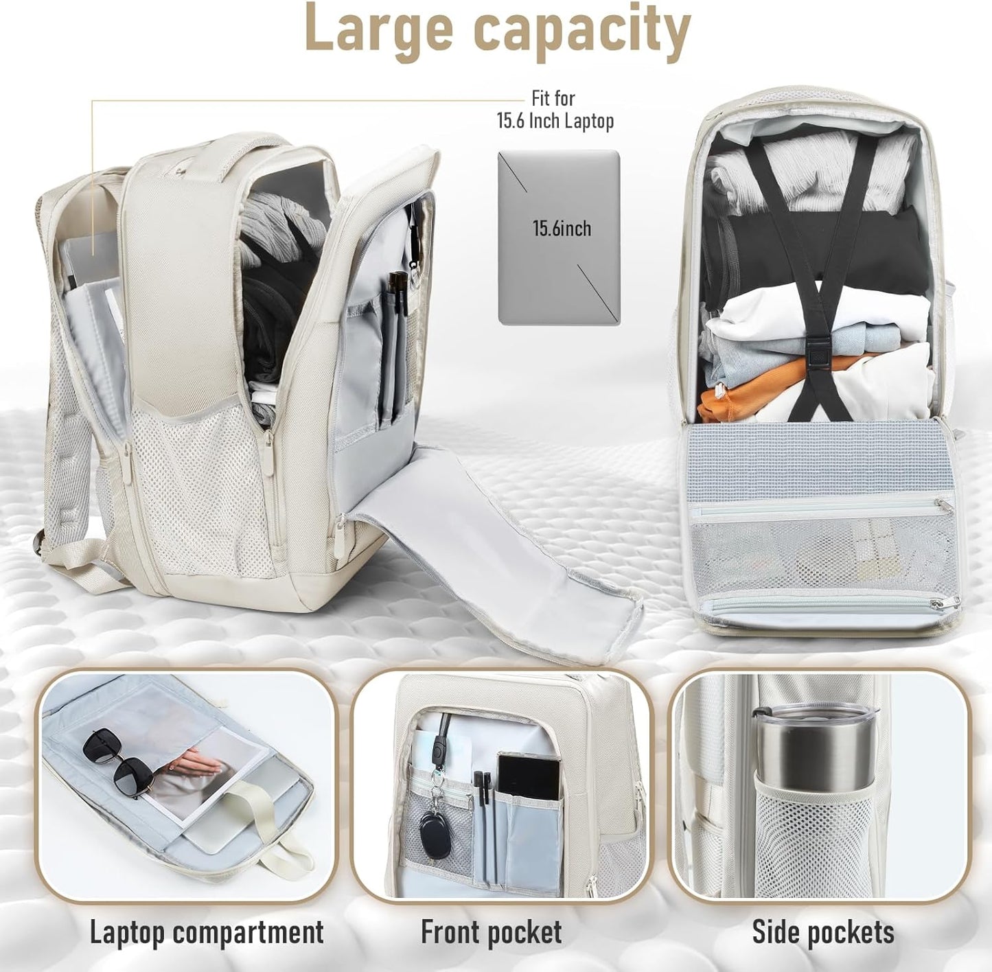Travel Backpack, Business Anti Theft Slim Sturdy Laptops Backpack with USB Charging Port, Water Resistant College School Laptop Bag for Men & Women Fits 15.6 Inch Notebook (Beige)