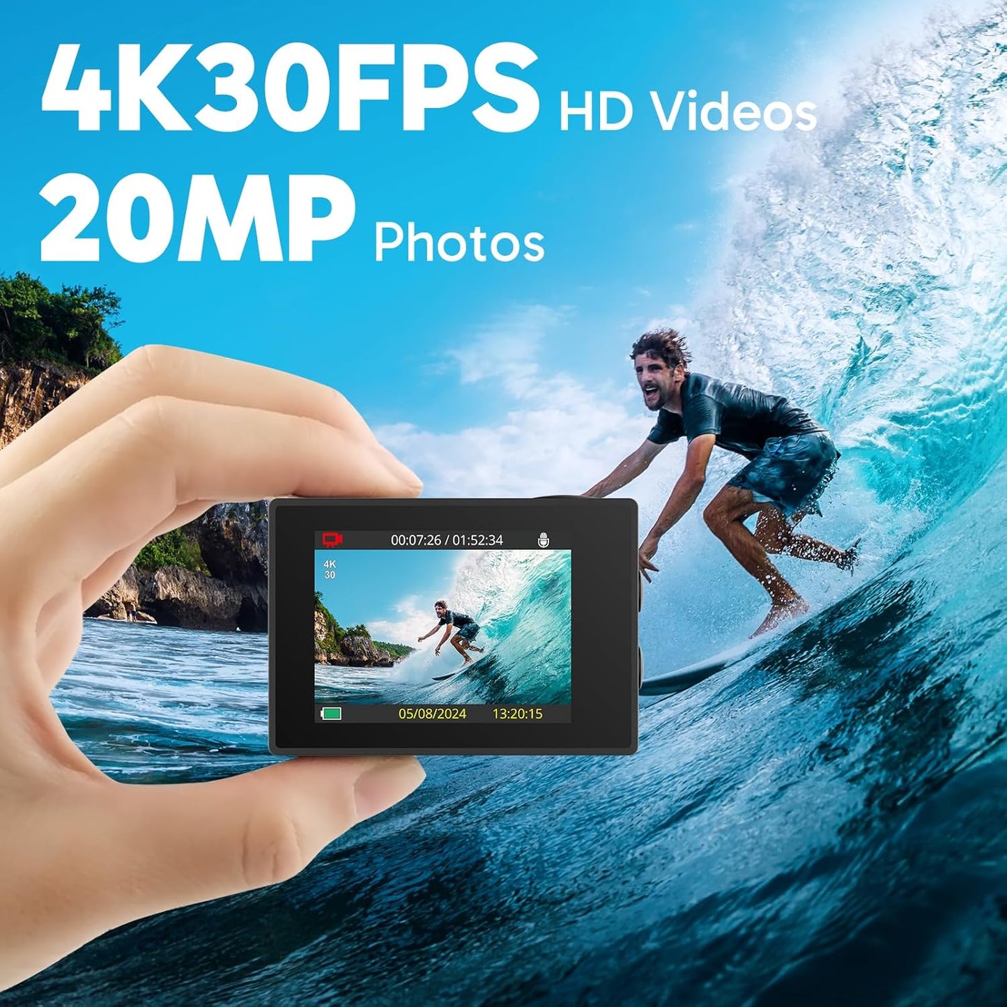 AKASO EK7000 4K30fps Action Camera with Mini Selfie Stick Tripod and Carrying Case Bundle EIS 131ft Waterproof Camera 4X Zoom Remote Control 20 MP Underwater Camera
