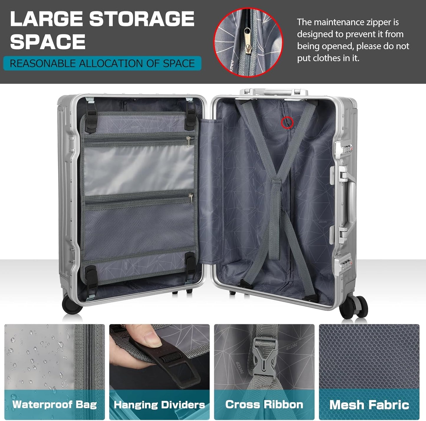 AnyZip Luggage Aluminium Frame Suitcase Hard Shell TSA Lock No Zipper 24In Silver