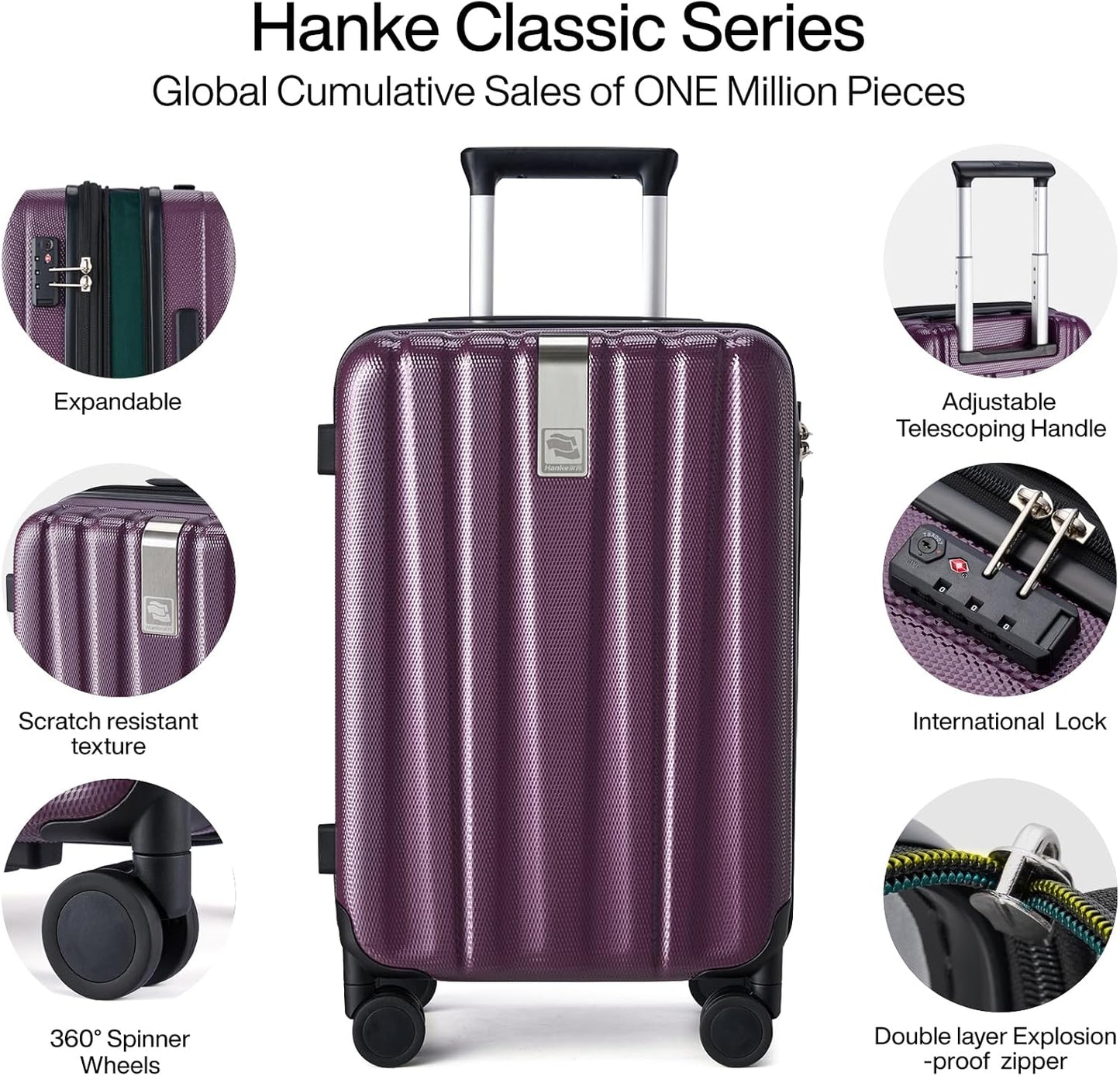 Hanke Expandable Hardshell Luggage Sets 3 piece Carry On Luggage with Wheels Suitcases Lightweight Checked Tsa Luggage Rolling Large Suitcase Travel Luggage Bag Woman Men 20/24/29 Inch(Purple)