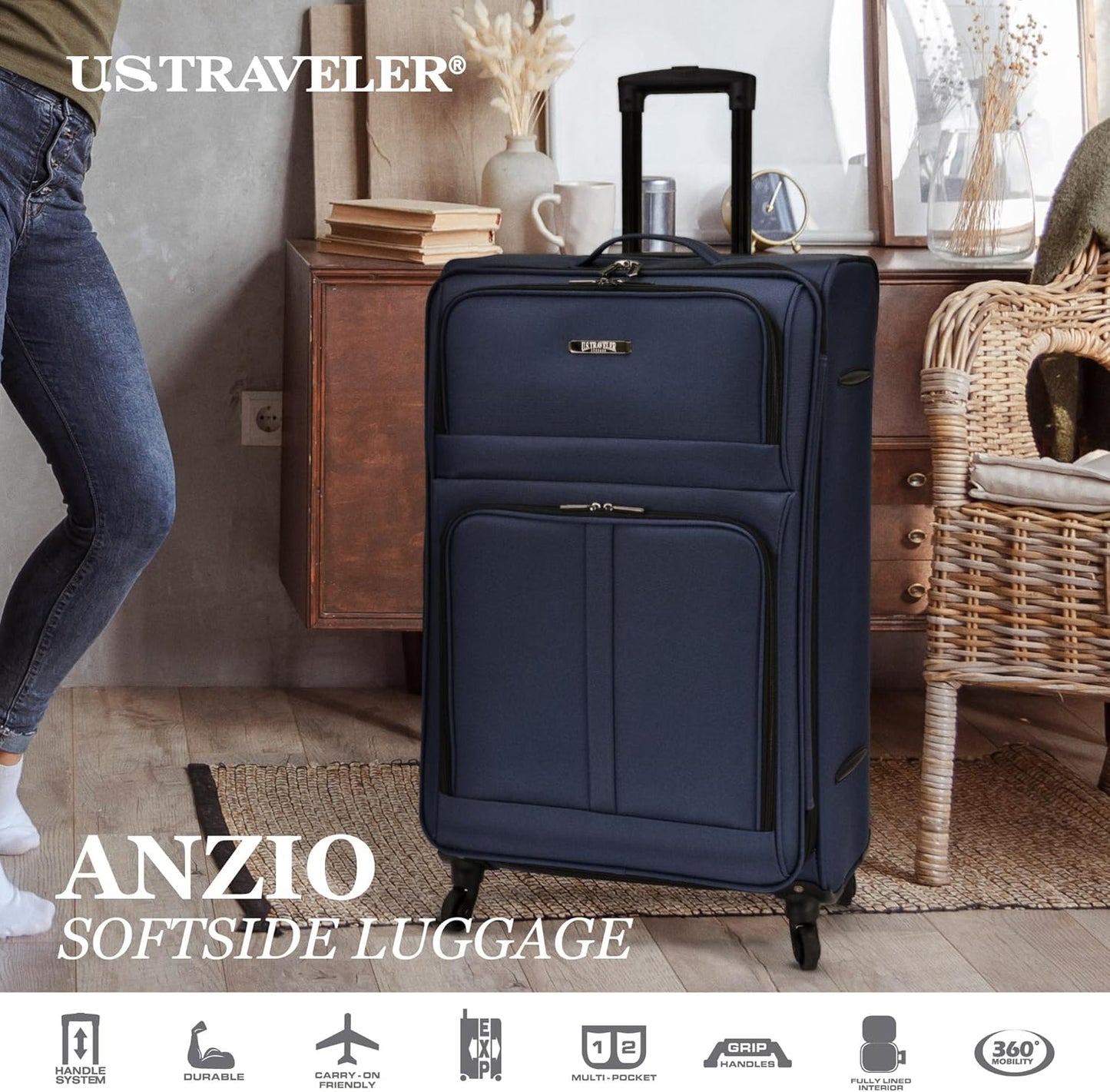 U.S. TRAVELER Anzio Softside Expandable Spinner Luggage, Teal, Checked-Medium 26-Inch