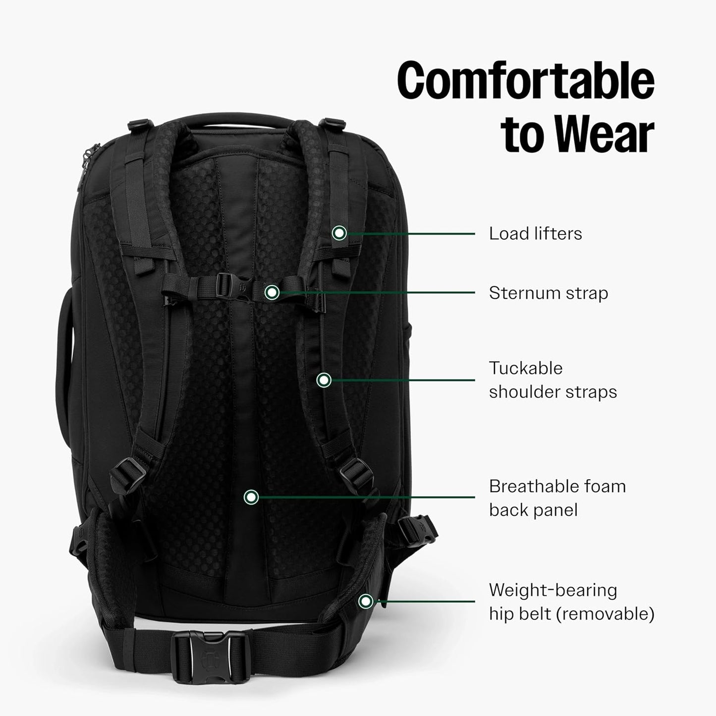 Tortuga 40L Travel Backpack Lite, Black - Large Carry-On Travel Backpack for Men and Women - Durable, Comfortable, Easy to Pack, Airline-Approved Bag with Laptop Compartment