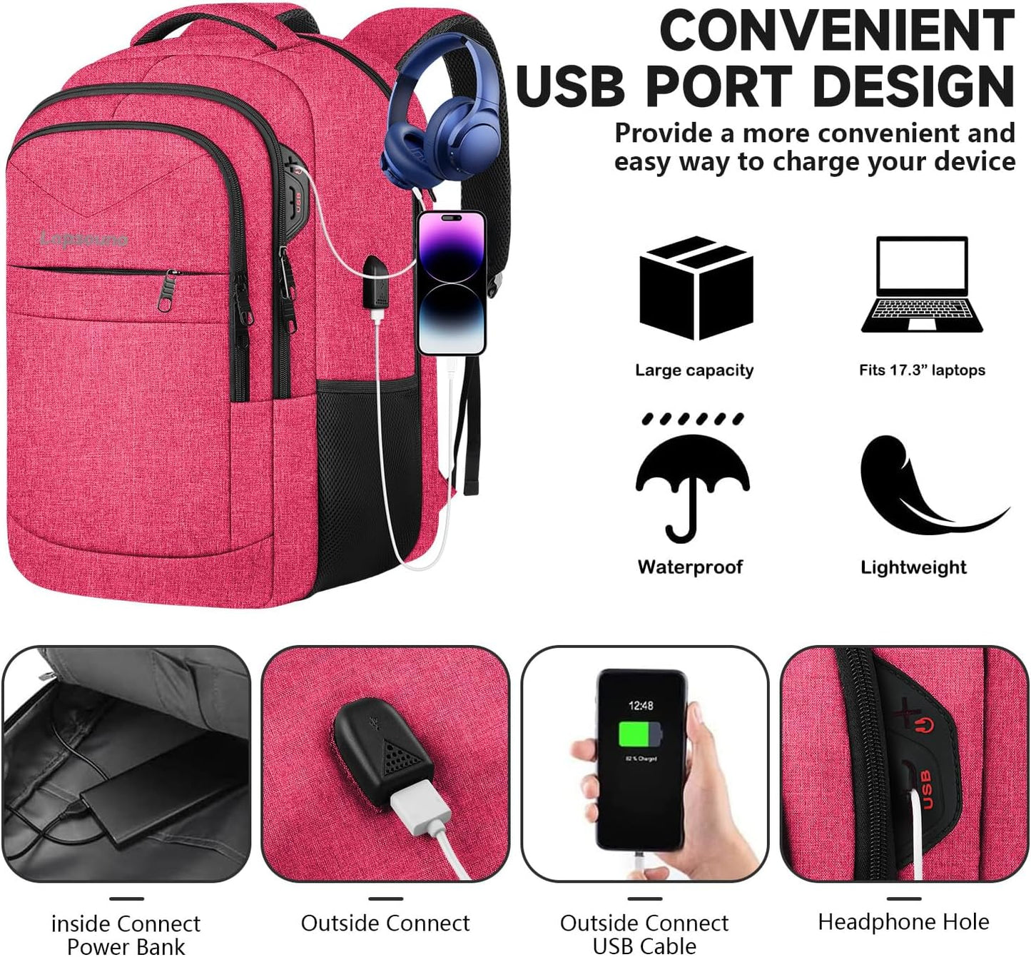 Lapsouno Extra Large Backpack, 17.3 Inch Travel Laptop Backpack, Water Resistant Casual Hiking Daypack, Computer Bag with USB Port, College School Business Carry on Rucksack for Women, Pink