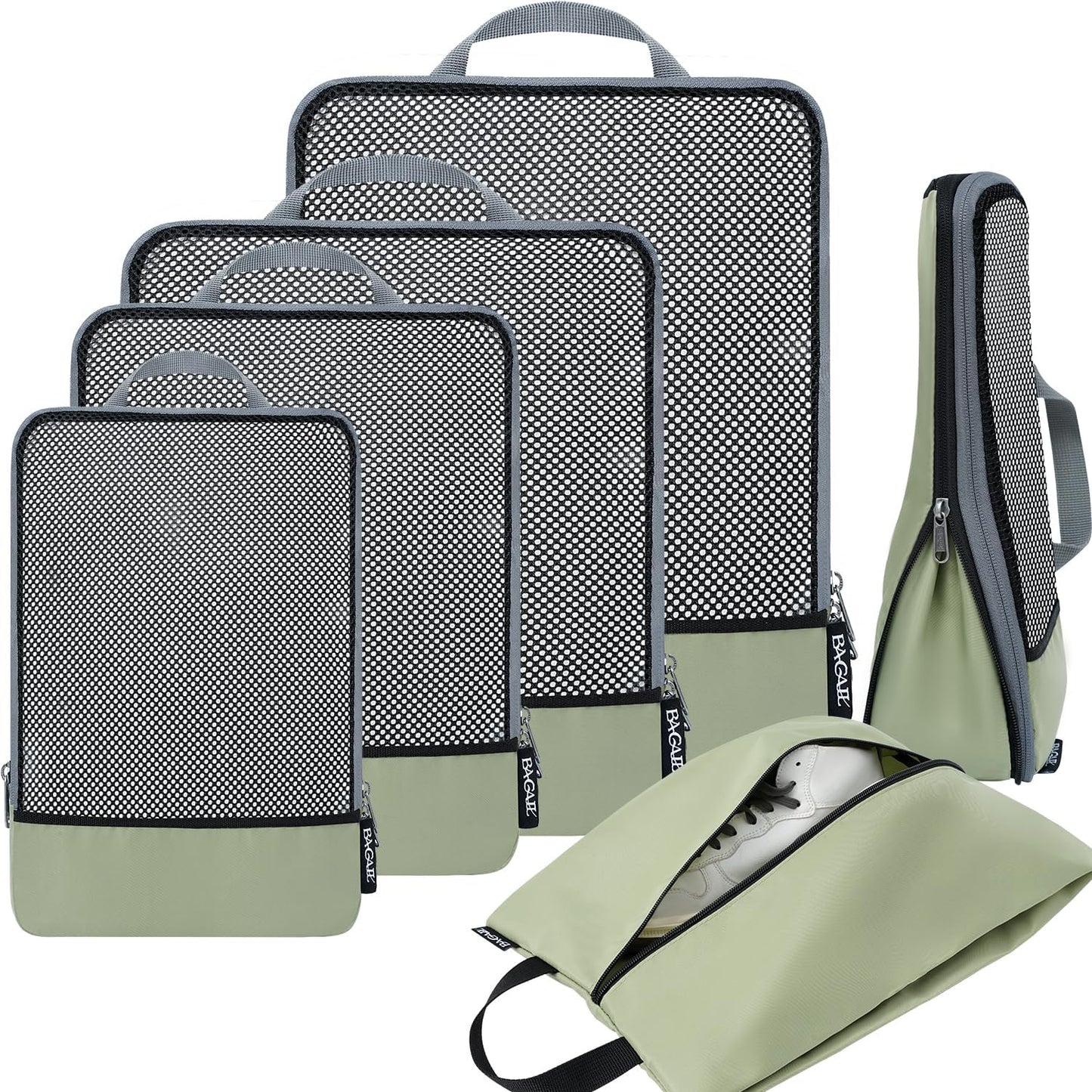 BAGAIL 4 Set/6 Set/8 Set Compression Packing Cubes Travel Accessories Expandable Packing Organizers (Half Mesh, 6-Matcha Green)
