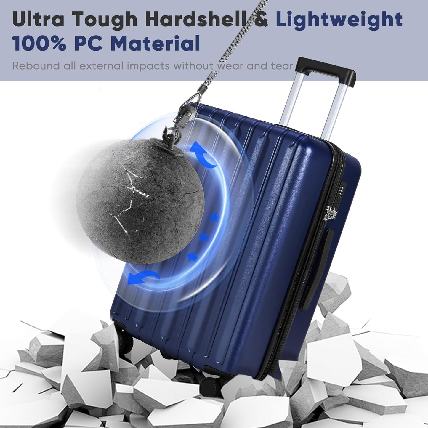 SHOWKOO Luggage Sets 3 Piece 100% PC Ultra Tough Hardside Expandable Suitcases Sets with TSA Lock Double Spinner Wheels (20in/24in/28in, Blue