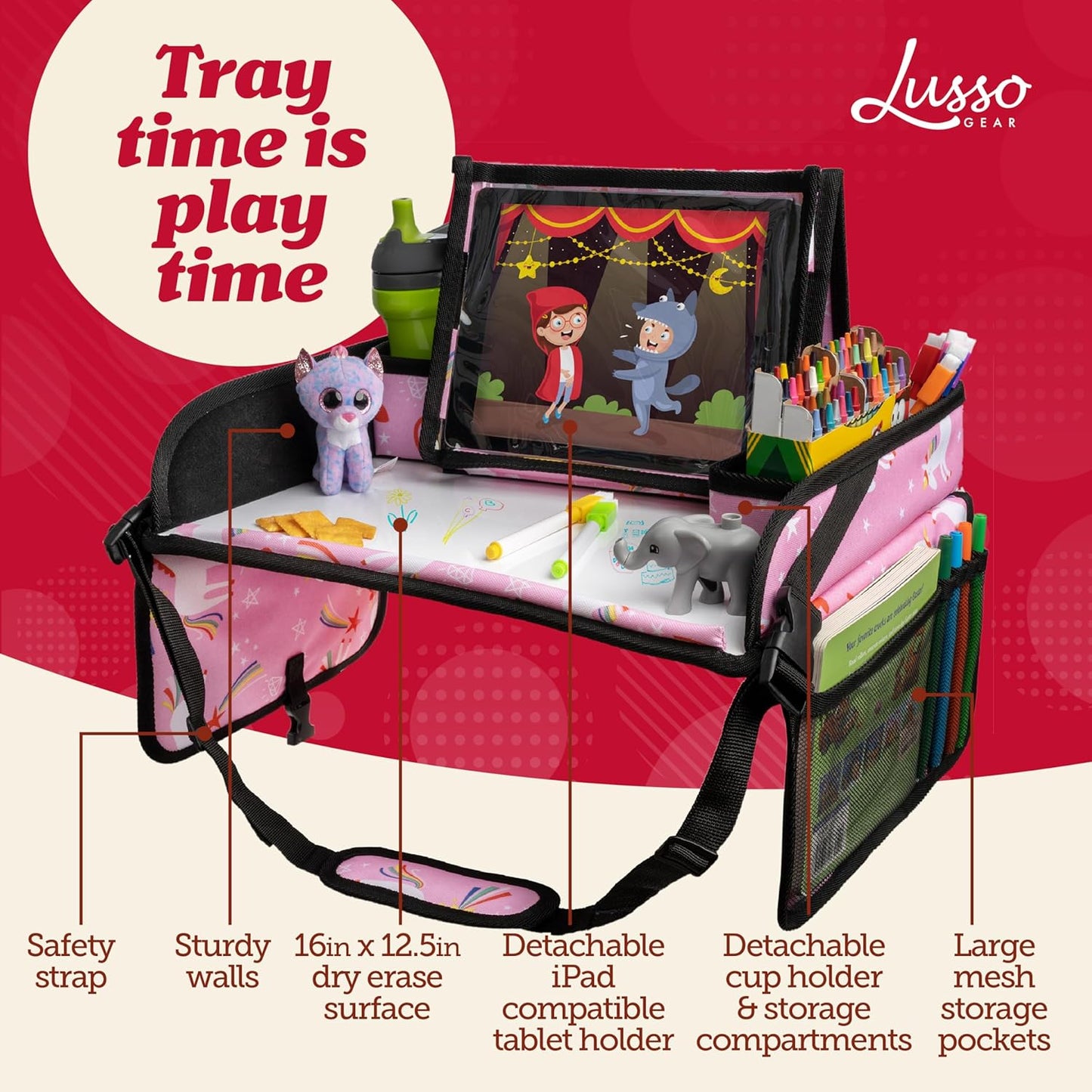 Lusso Gear Pink Unicorn Kids Travel Tray for Toddlers - Car Seat Table Tray and Car Desk for Kids - Airplane and Road Trip Activities