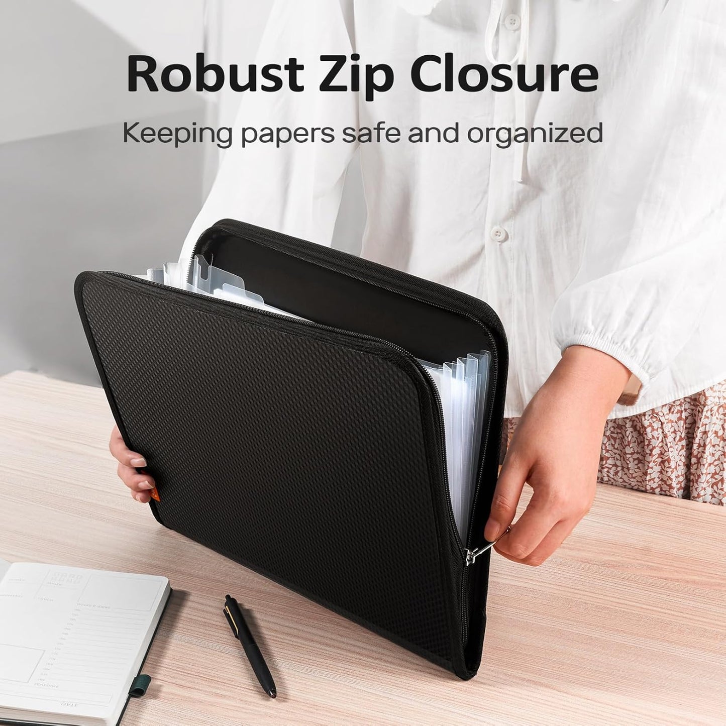 Sooez 7 Pockets Accordion File Organizer, Zipper Expanding File Folder, Heavy Duty Folder Organizer, Sleek Letter Size Accordion Folder, Portable Expandable File Folder for Documents, Black