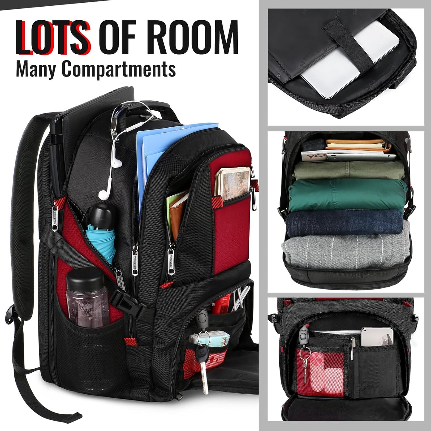 YOREPEK Travel Backpack, Extra Large 50L Laptop Backpacks for Men Women, Water Resistant College Backpack Airline Approved Business Work Bag with USB Charging Port Fits 17 Inch Computer, Bright Red