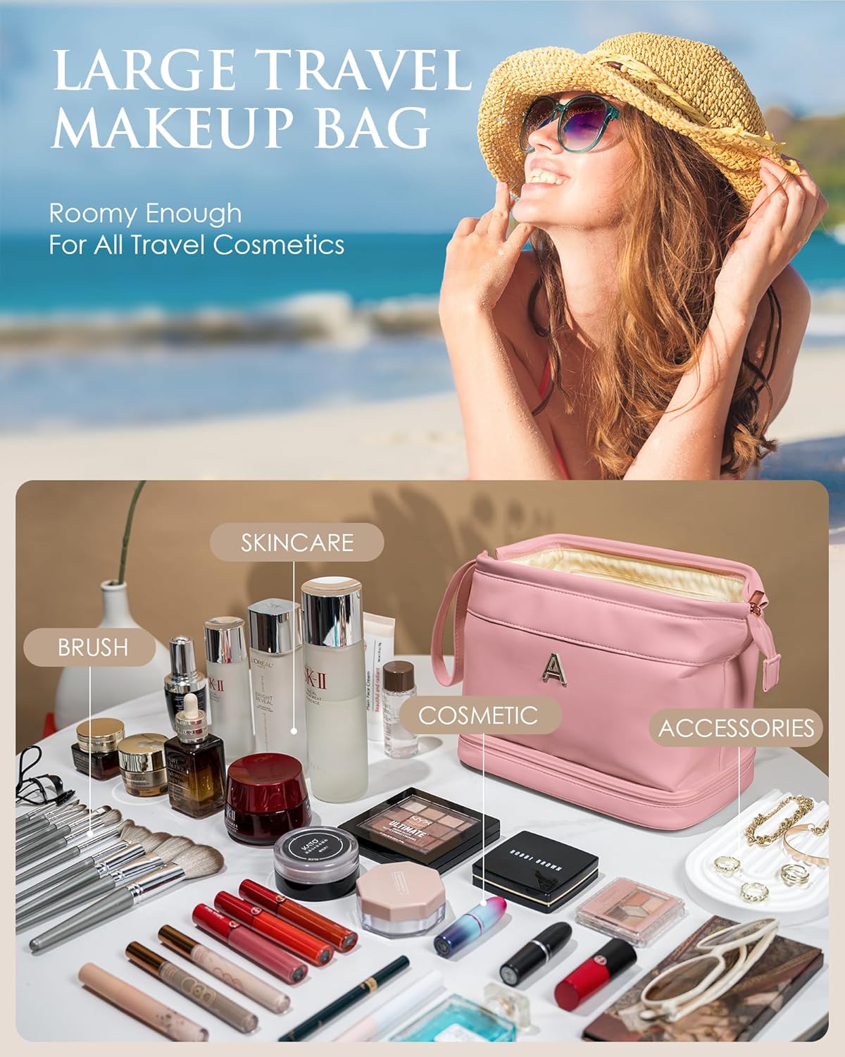 Gifts for Teen Girls, Initial Large Makeup Bag, Personalized Double Layer Cosmetic Bag with Makeup Brush Organizer, Waterproof, Large Capacity PU Leather Toiletry Bag, Friend gifts