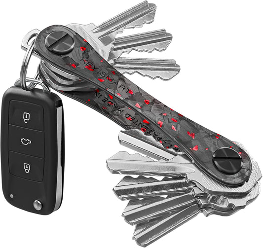 KEYSMART Key Holder for Keychain - Compact Key Organizer for Key Chain, Minimalist Clutter-Free EDC Keychains, Key Ring for Car Fobs Key Chains, Expandable (Up to 14 Keys, Red Forged Carbon Fiber)