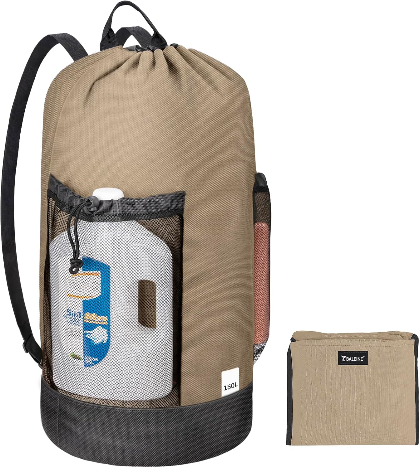 BALEINE 150L Laundry Bag Backpack, 900D Oxford Fabric Large Travel Laundry Bags with Shoulder Straps and 2 Mesh Pockets for College Dorm, Apartment, Laundromat (Khaki, 150L)