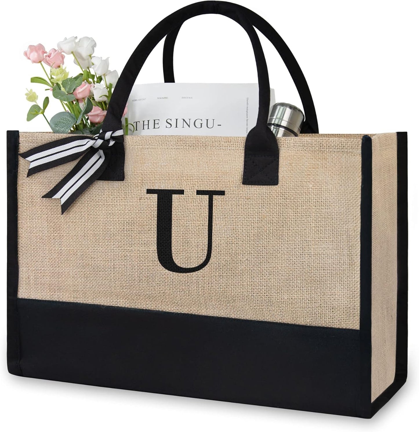 TOPDesign Initial Jute/Canvas Tote Bag, Personalized Present Bag, Suitable for Wedding, Birthday, Beach, Holiday, is a Great Gift for Women, Mom, Teachers, Friends, Bridesmaids (Letter U)