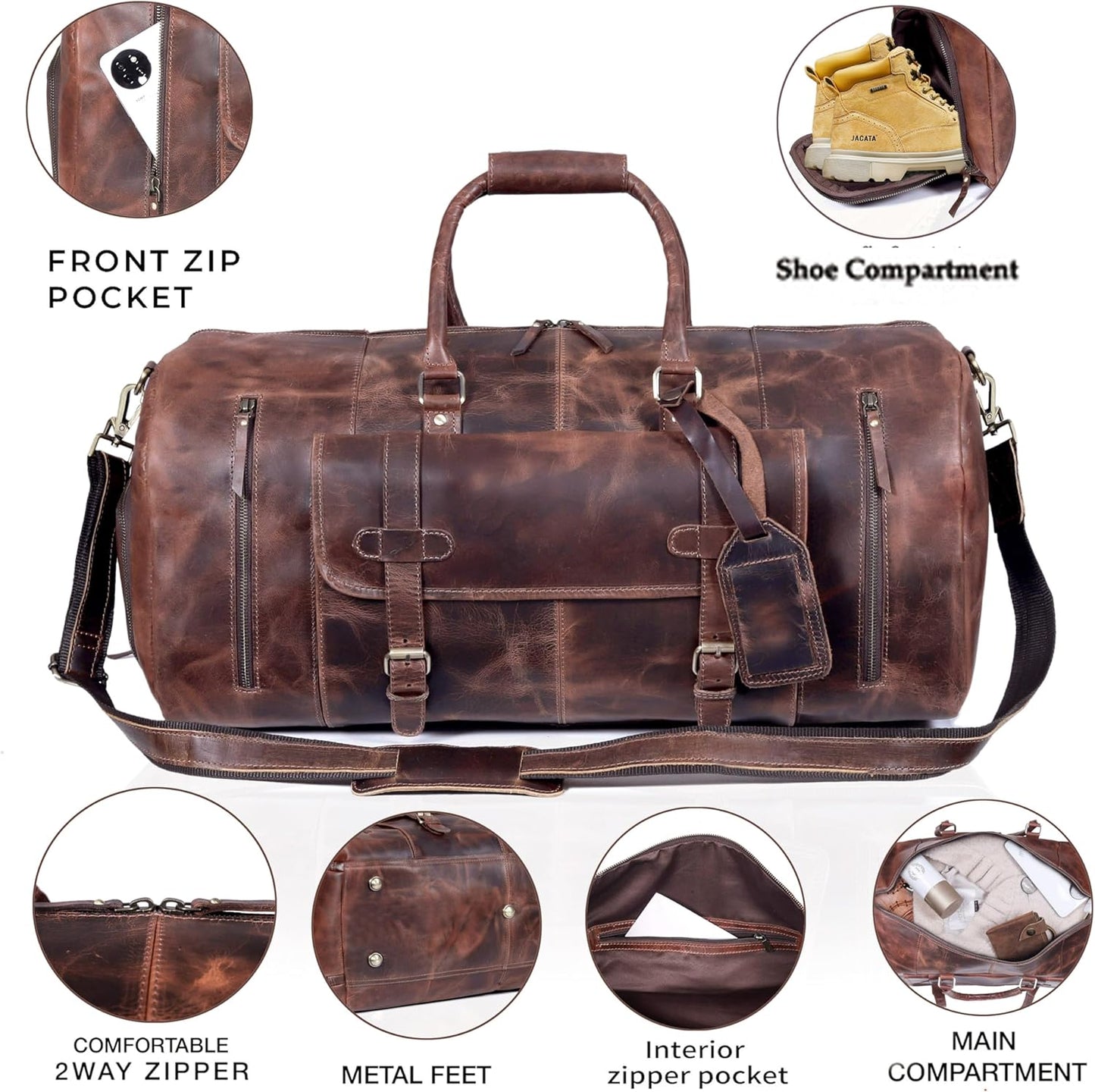 20 Inch Leather Duffel Bags for Men and Women Full Grain Leather Travel Overnight Weekend Leather Bags Sports Gym Duffel for Men