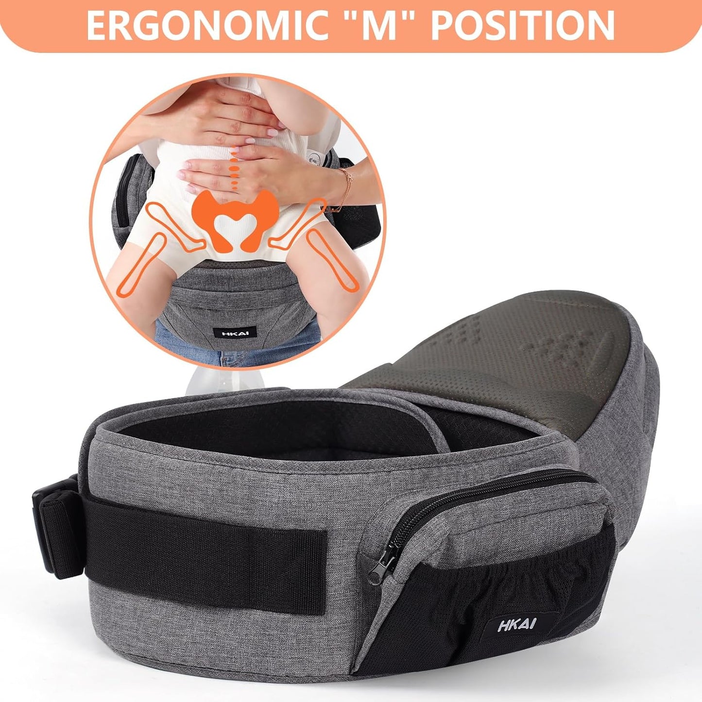 HKAI Baby Hip Carrier, Mom’s Choice Award Winner, Baby Carrier with Adjustable Waistband & Breathable Mesh, Ergonomic Carrier with Non-Slip Hip Seat Surface for Newborns & Toddlers, (Grey)