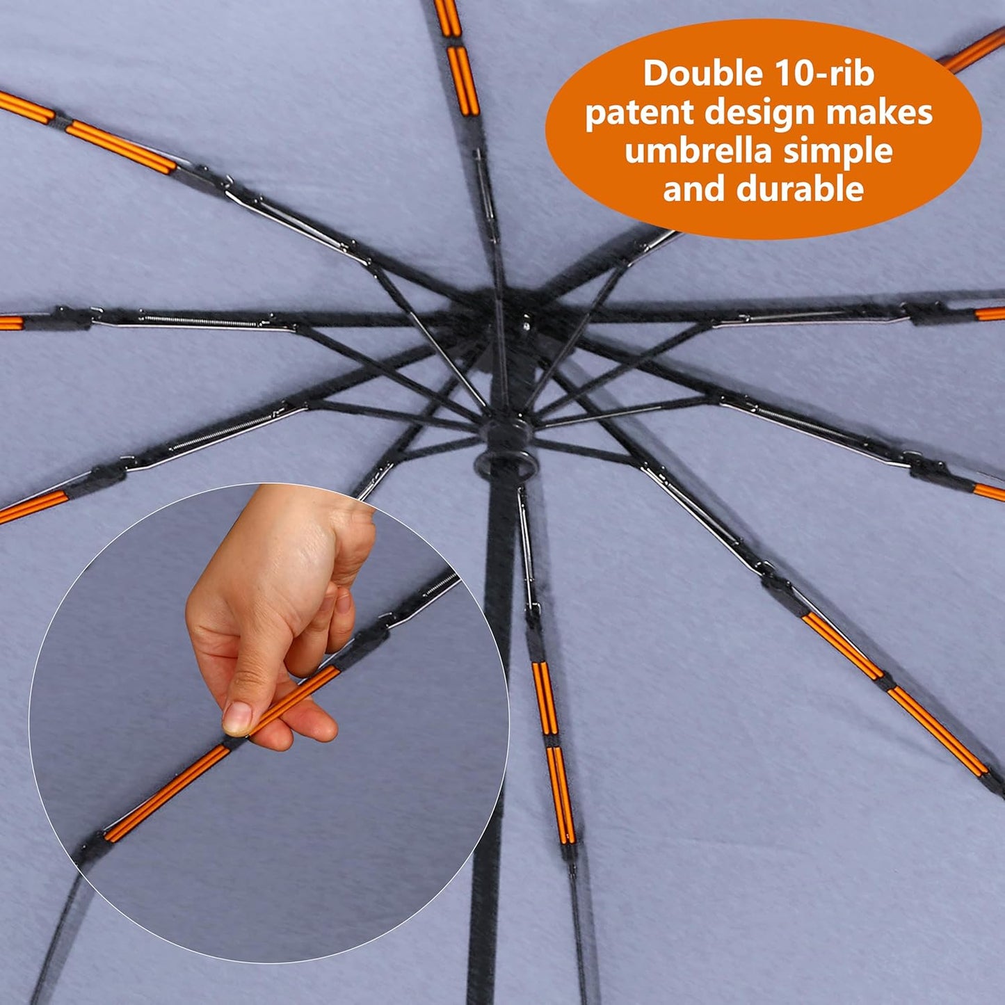 Double 10-Rib 46 Inch Compact Travel Umbrella for Rain - Sturdy Portable Windproof Umbrella - Small Automatic Folding Umbrella
