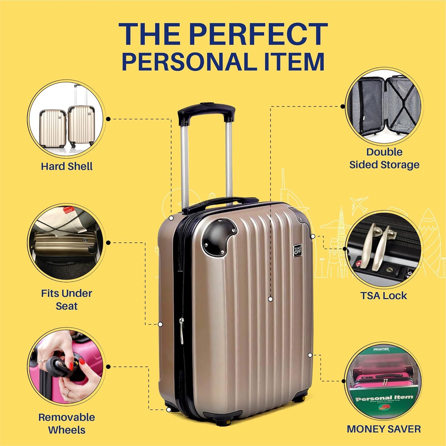 Take OFF Luggage 18 inch Hardshell Carry On Suitcase that Converts into Underseater Luggage with Removable Spinner Wheels for Airline Personal Item Use Requirements, 18 x 14 x 8 Inches - Black