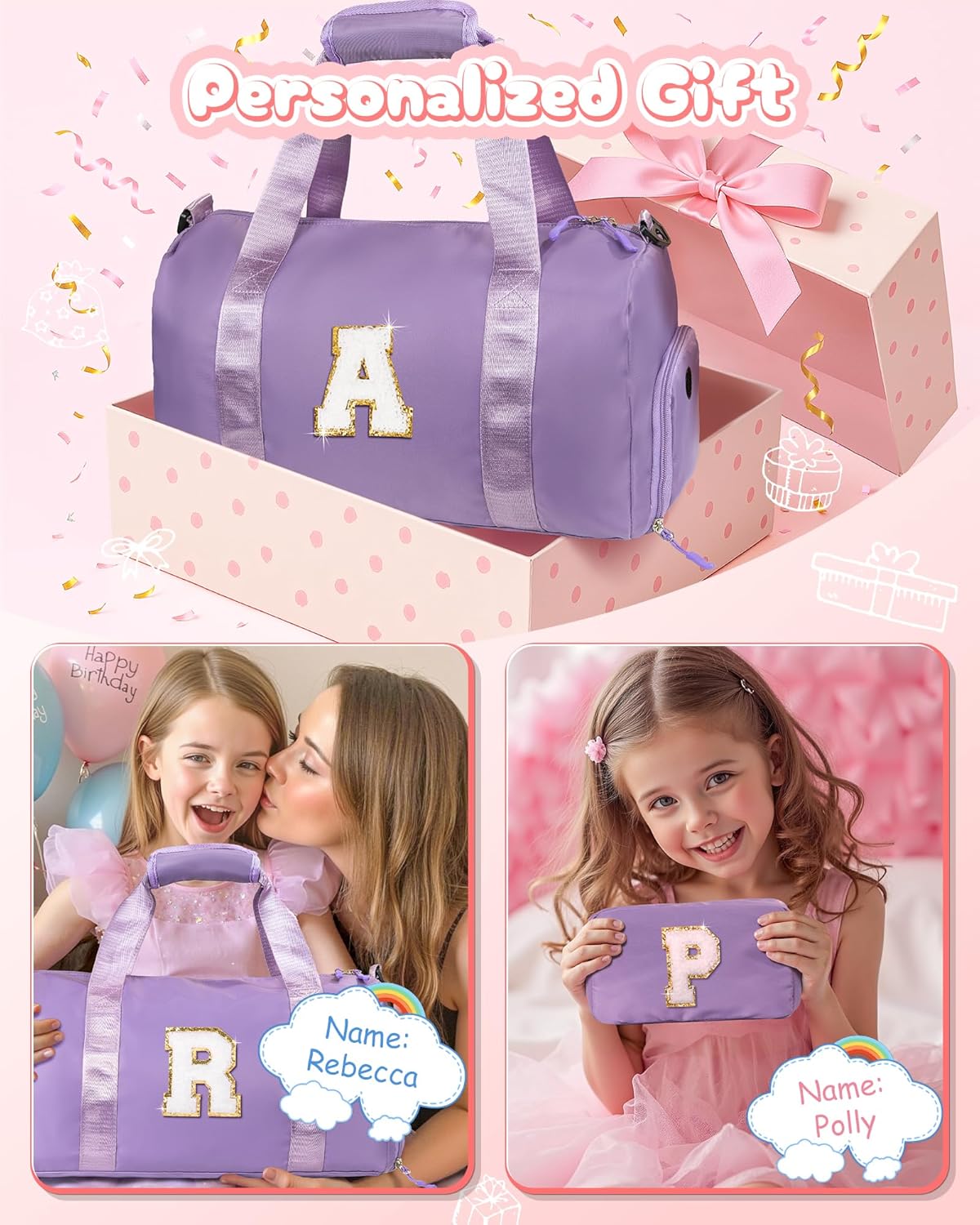 Gymnastics Bag for Girls for Kids-Girl Gym Bag with Shoe Compartment, Kid Personalized Weekender Overnight Bags, Initial Travel Tote with Makeup Pouch, Valentines Day Gift (Letter P)