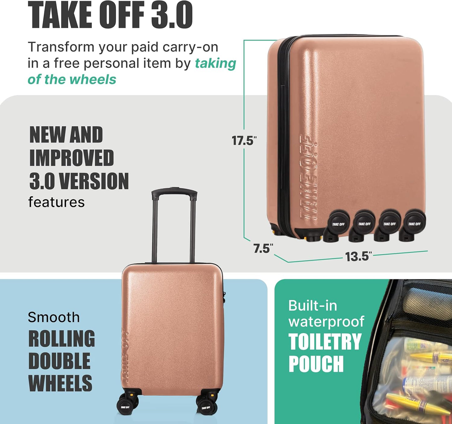 Take OFF Luggage Personal Item 3.0 – 18x14x8 Underseat Carry On with Removable Wheels – TSA Lock, Hardshell Suitcase – Fits Tight Airline Size Rules – No-Fee Lightweight Travel Bag