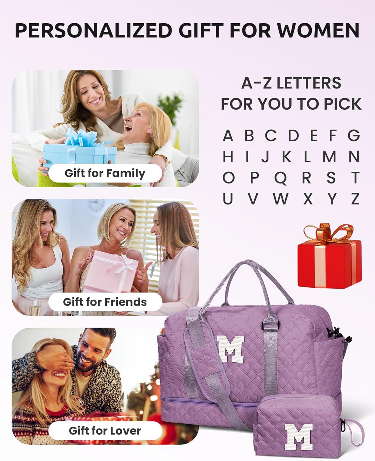 Weekender Bags for Women Travel, Personalized Weekender Bag with Shoulder Strap, Monogram Overnight Bag for Women with Trolley Sleeve & Wet Pocket, Letter Travel Bag (Letter J)
