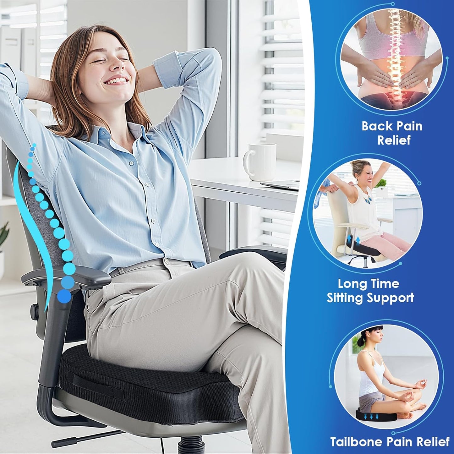 TushGuard Seat Cushion for Office Chair Memory Foam Non-Slip Cushion Back, Coccyx, Sciatica, Tailbone Pain Relief Butt Pillow for Office Chair, Car, Wheelchair, Black, X-Large