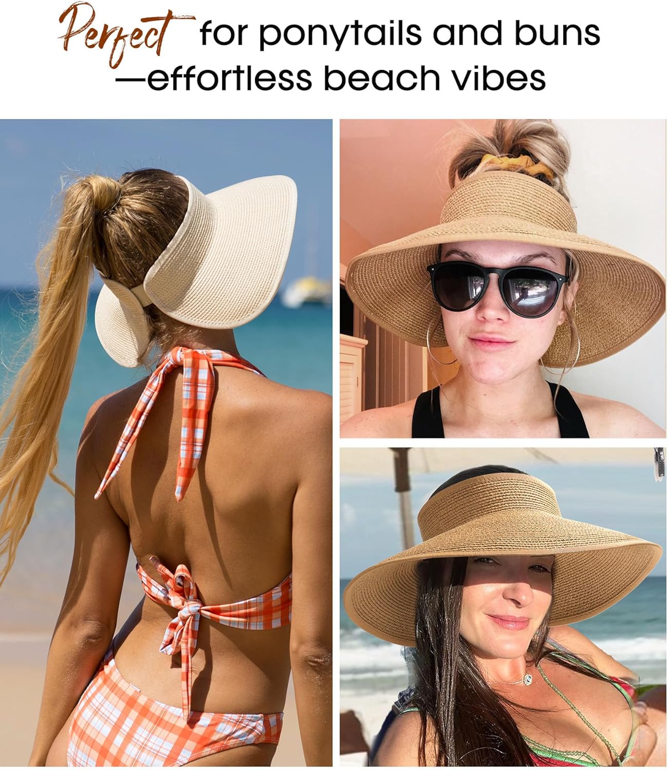 Womens Sun Visor Hats Wide Brim Straw Beach Hat UV Protection Ponytail Packable Beach Vacation Essentials