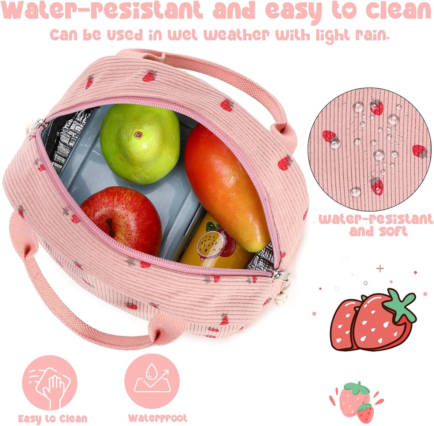 Bluboon Lunch Bag for Women Men Cute Corduroy Lunch Tote Bags Reusable Insulated Lunch Box Large Capacity Reusable Insulated Cooler for Work Picnic or Travel (Corduroy strawberry pink)