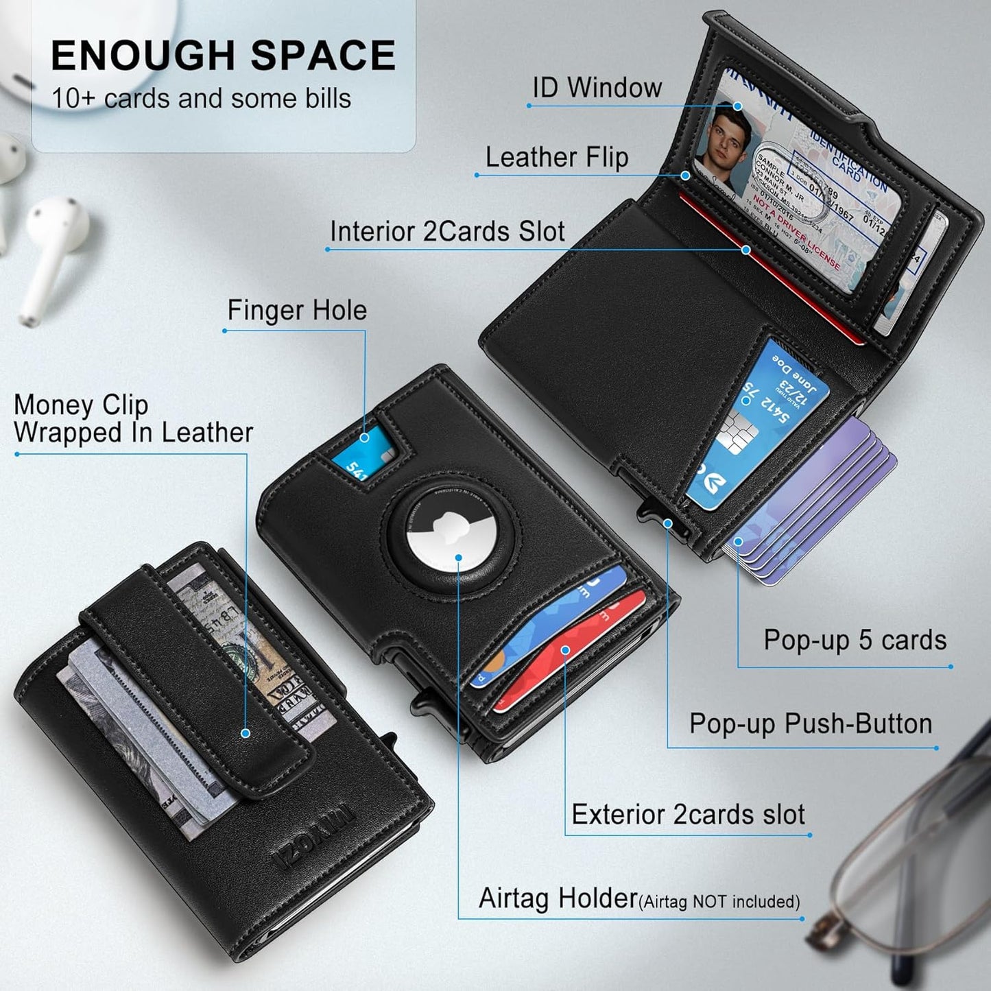 Airtag Wallet for Men,with Money Clip 10 Cards Metal Case Smart Slim Pop Up Credit Card Holder Flip with Magnetic Closure RFID Blocking wallet with Gift Box