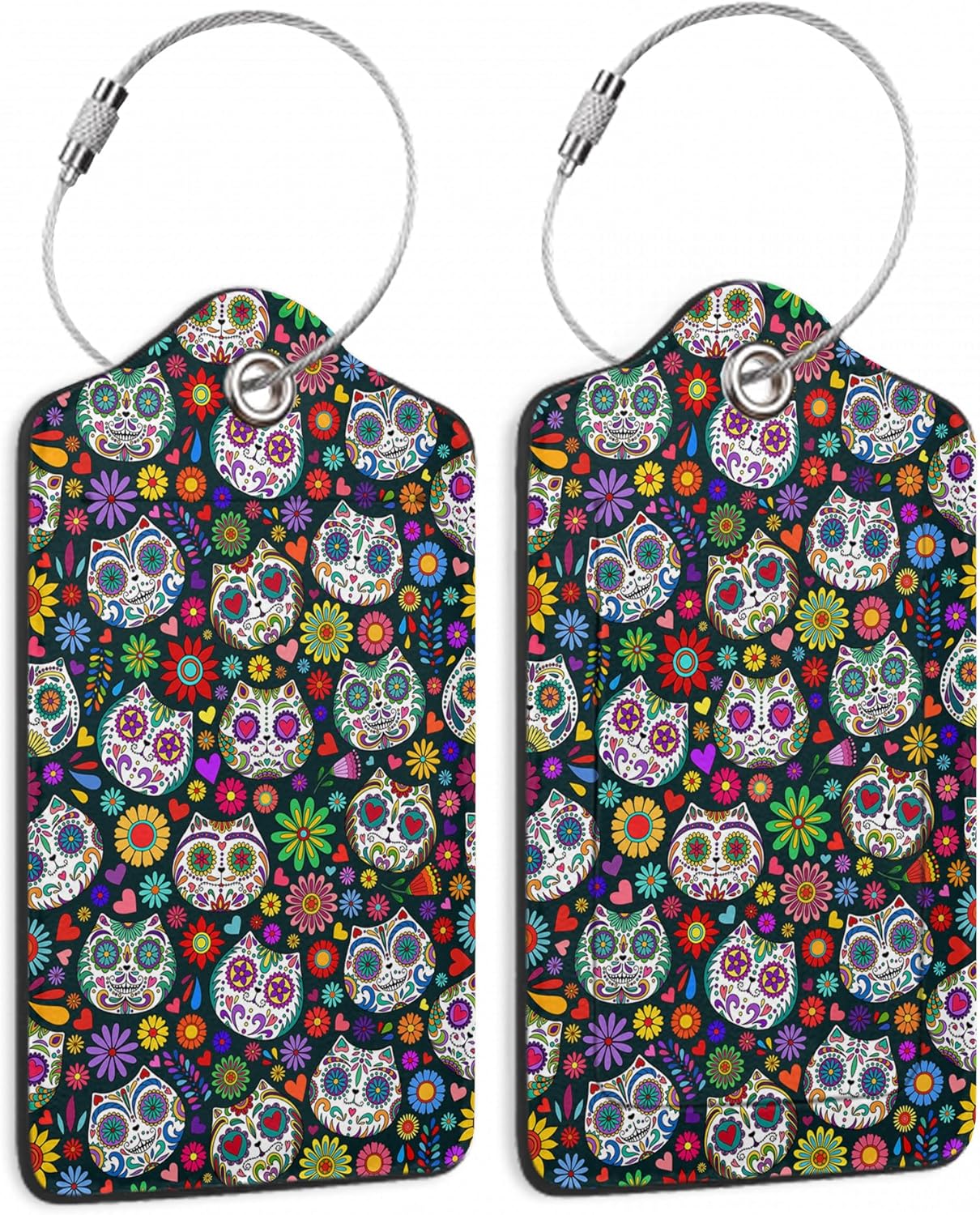 Sugar Skull Cat 2 Pack Luggage Tag for Suitcases Day of The Dead PU Leather Bag Travel Suitcase ID Identifier Baggage Tags for Women Men Travel