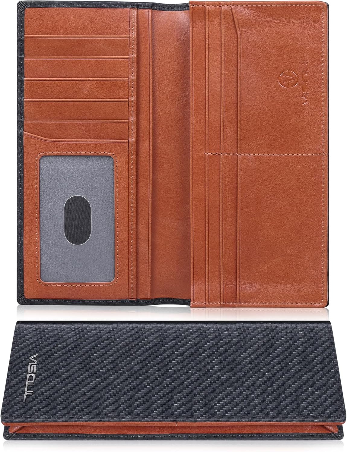 VISOUL Mens Billfold Long Checkbook Wallet Leather with RFID Blocking, Large Bifold Secretary Cash Wallet Tall with 12 Card Slots for Men (Black+Orange)