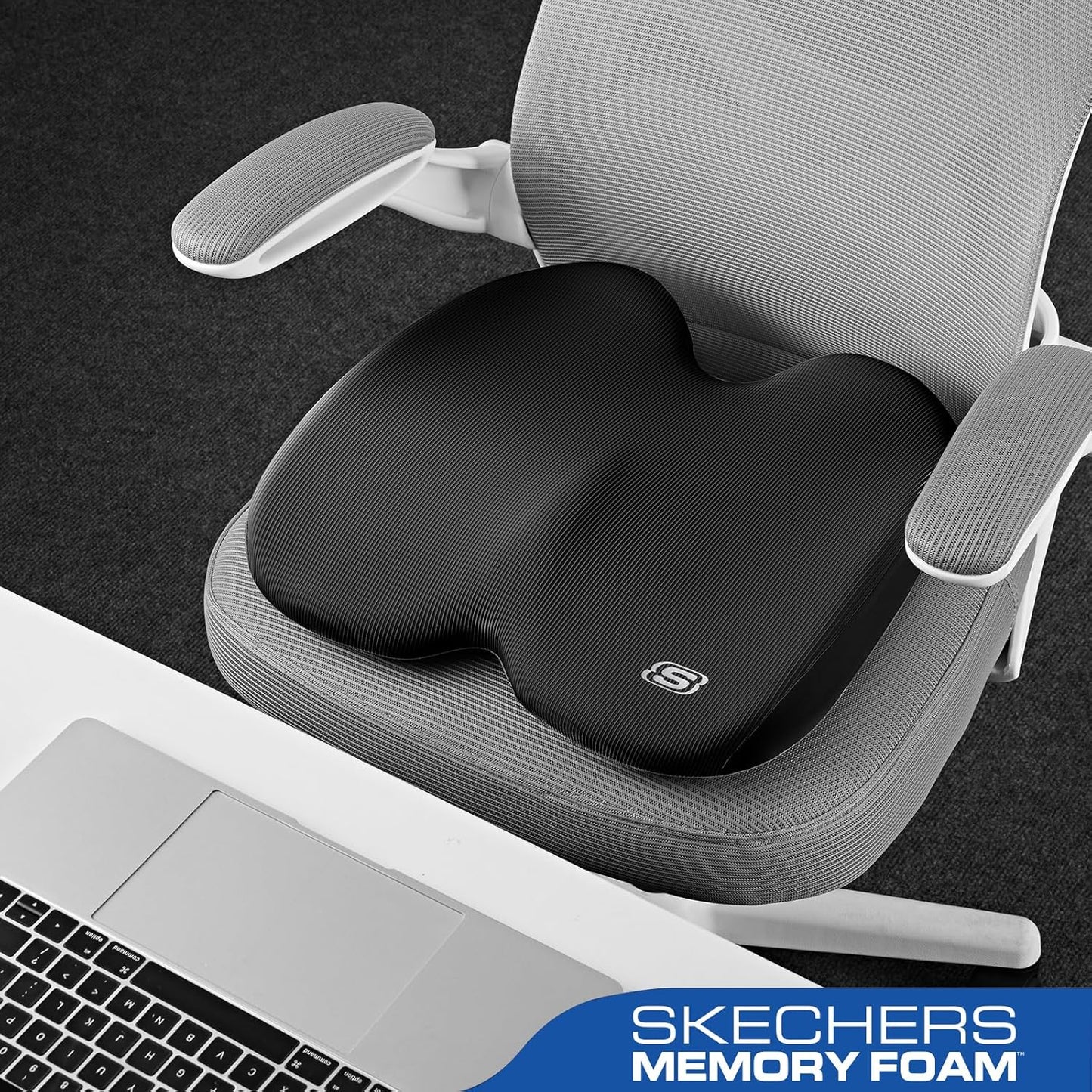 Skechers Memory Foam Seat Cushion,Ribbed Fabric Office Chair Cushion for Tailbone Pain Relief,Butt Pillow for Office Chair,Car Seat Cushion,Long Sitting Office Workers,and Car Drivers,Black