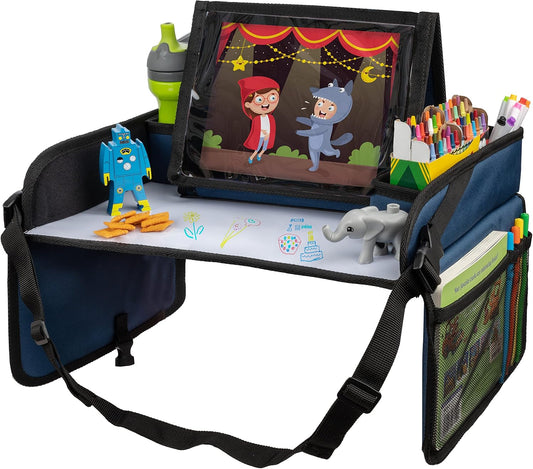 Lusso Gear Kids Travel Tray for Car - Summer Road Trip Essentials for Kids - Car Seat Tray for Travel - Toddler Travel Lap Desk and Organizer - Holds Snacks, Water Bottle, Toys (Blue)
