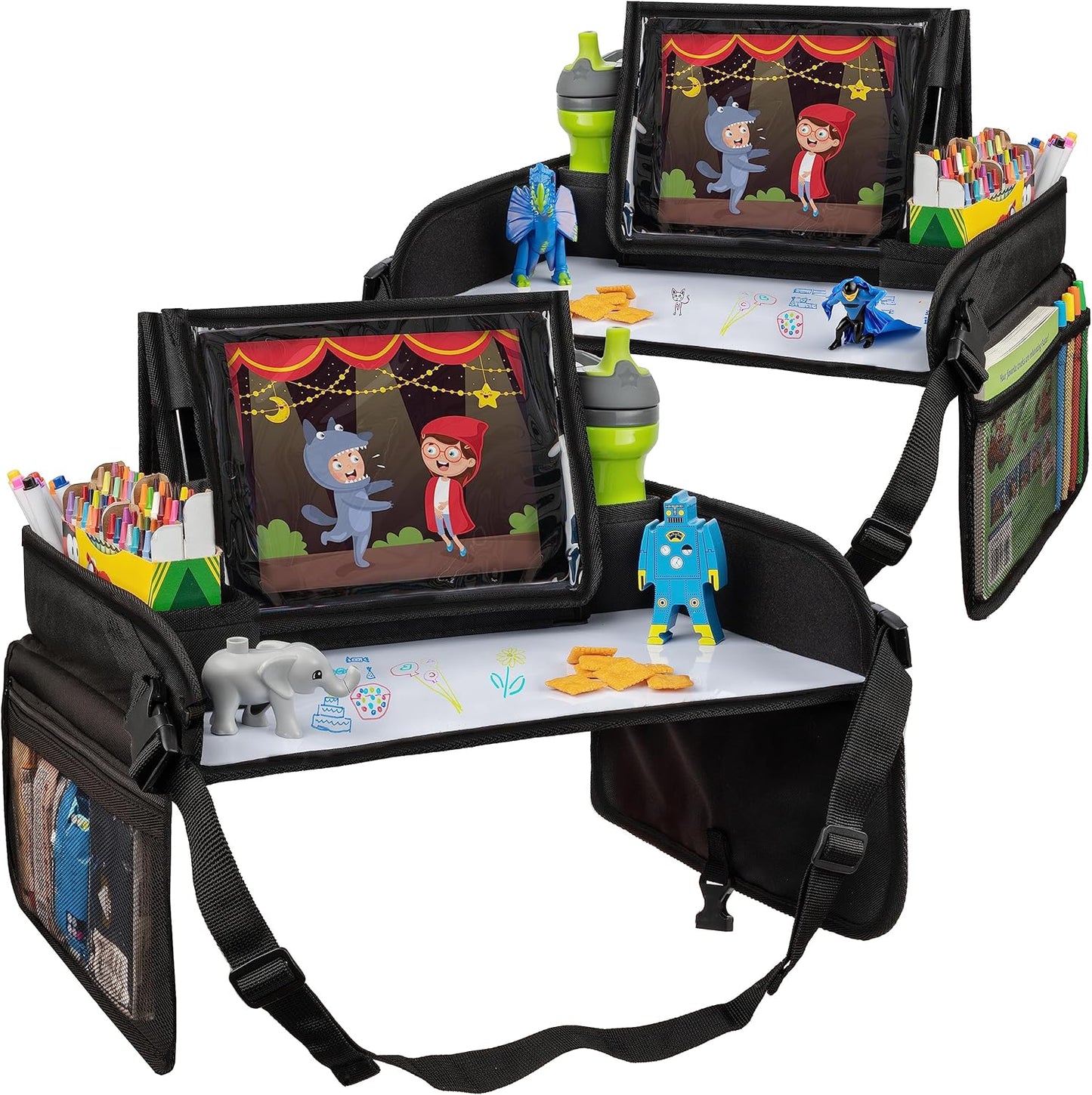 Lusso Gear Kids Travel Tray 2-Pack for Car Seats - Car Seat Tray with Tablet Stand, Mesh Pockets and Cup Holder - Road Trip Essentials Organizer and Activity Desk (Black)