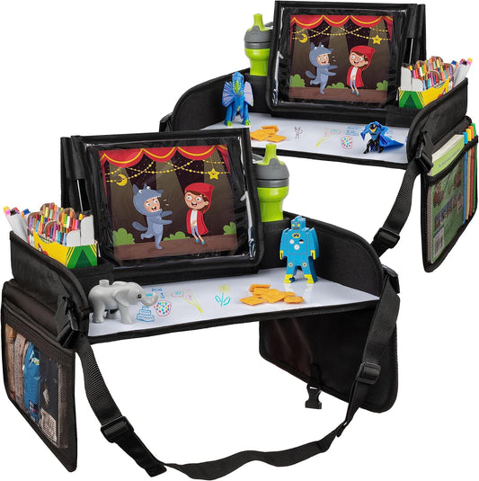Lusso Gear Kids Travel Tray 2-Pack for Car Seats - Car Seat Tray with Tablet Stand, Mesh Pockets and Cup Holder - Road Trip Essentials Organizer and Activity Desk (Black)